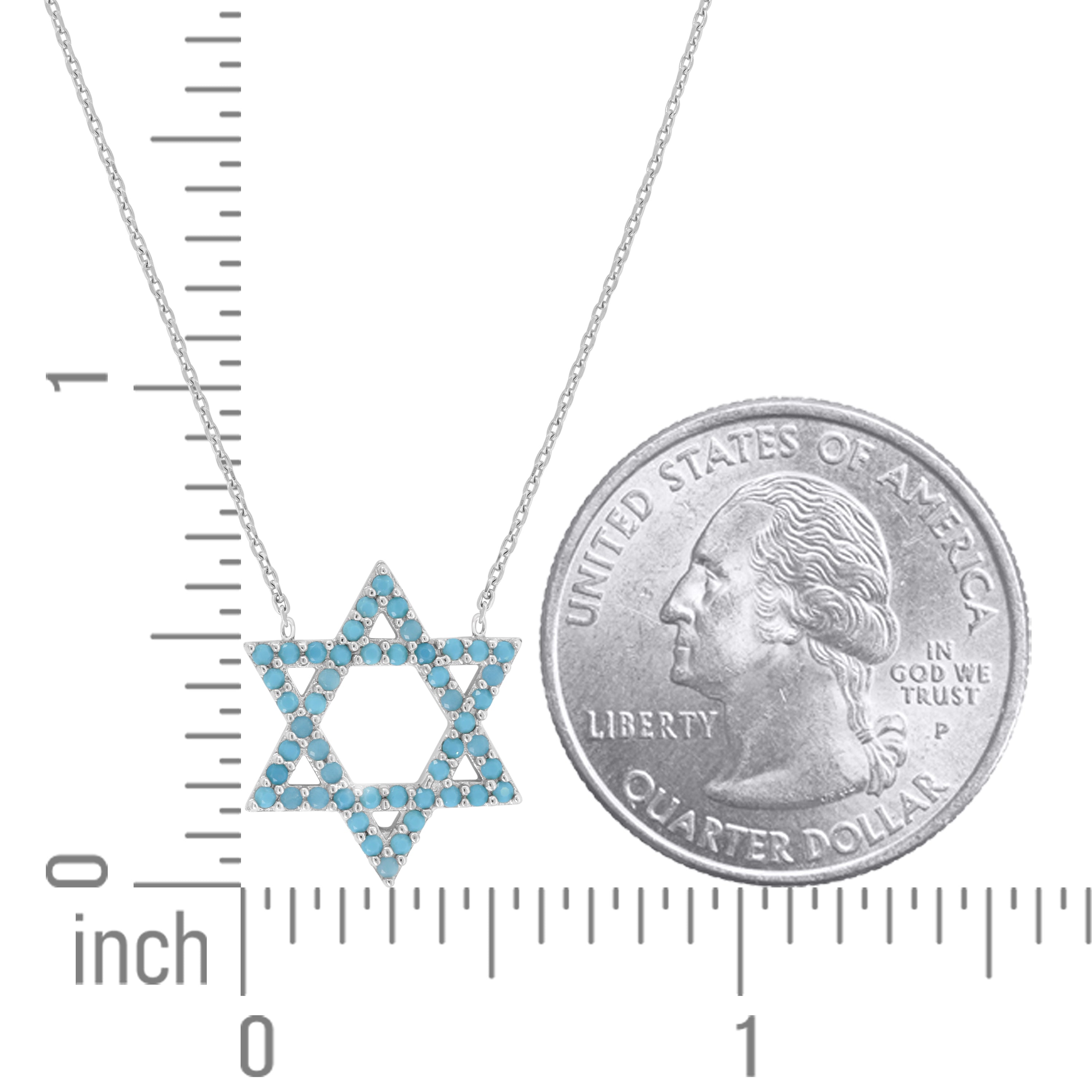 925 Sterling Silver Women Turquoise Cubic Zirconia Rolo Link Star Of David Necklace