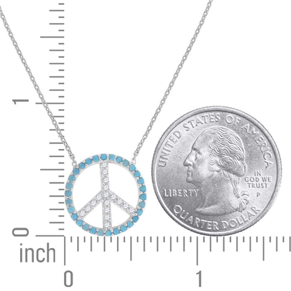 925 Sterling Silver Women Turquoise & White Cubic Zirconia Rolo Link Peace Symbol Necklace