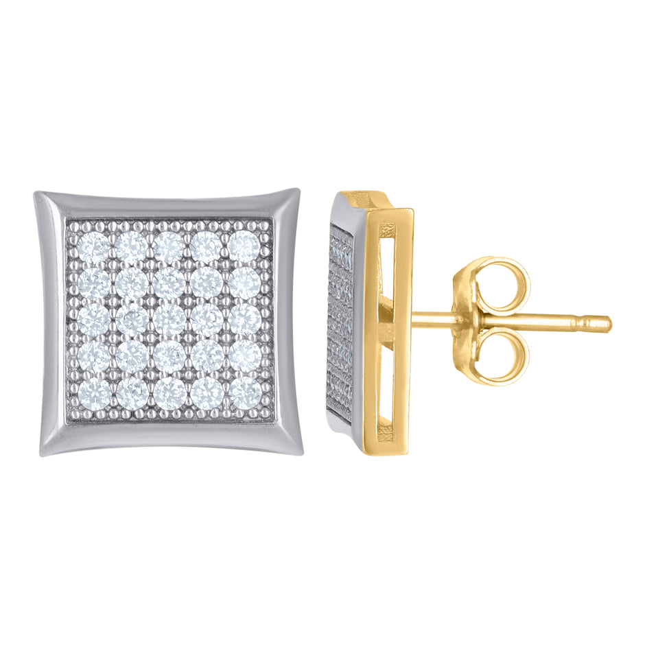 10kt Two-Tone Gold Mens CZ Cubic Zirconia 10mm Square Cluster Stud Earrings