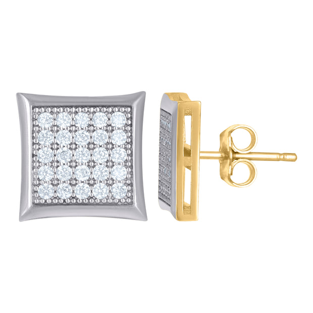 10kt Two-Tone Gold Mens CZ Cubic Zirconia 10mm Square Cluster Stud Earrings