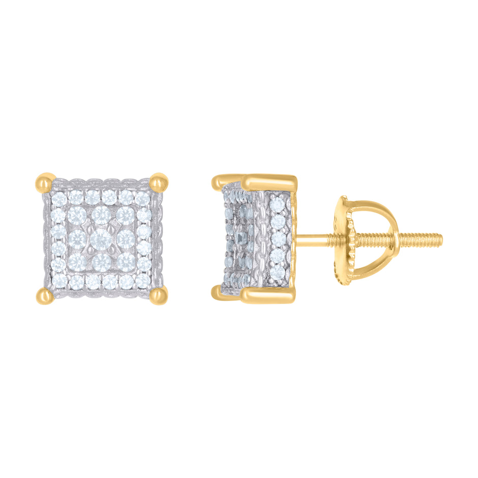 Yellow-Tone 925 Sterling Silver Unisex Cubic Zirconia Square Stud 7.5mm Earrings