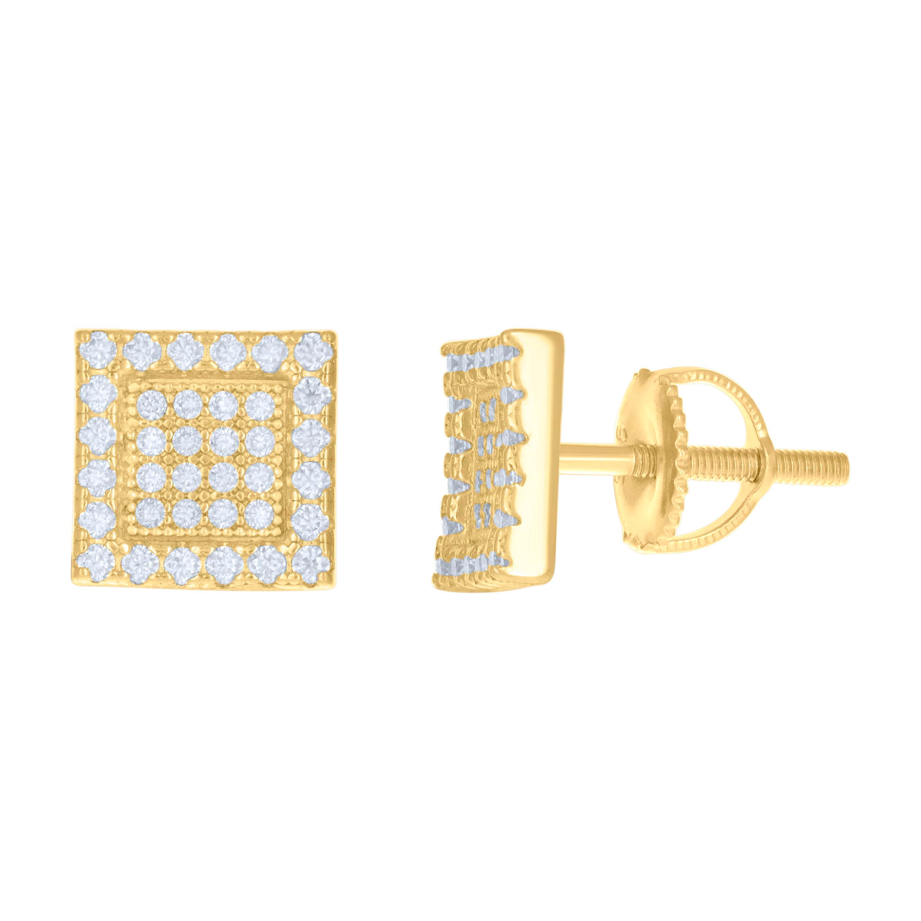 Yellow-Tone 925 Sterling Silver Unisex Cubic Zirconia Square Stud 8.3mm Earrings