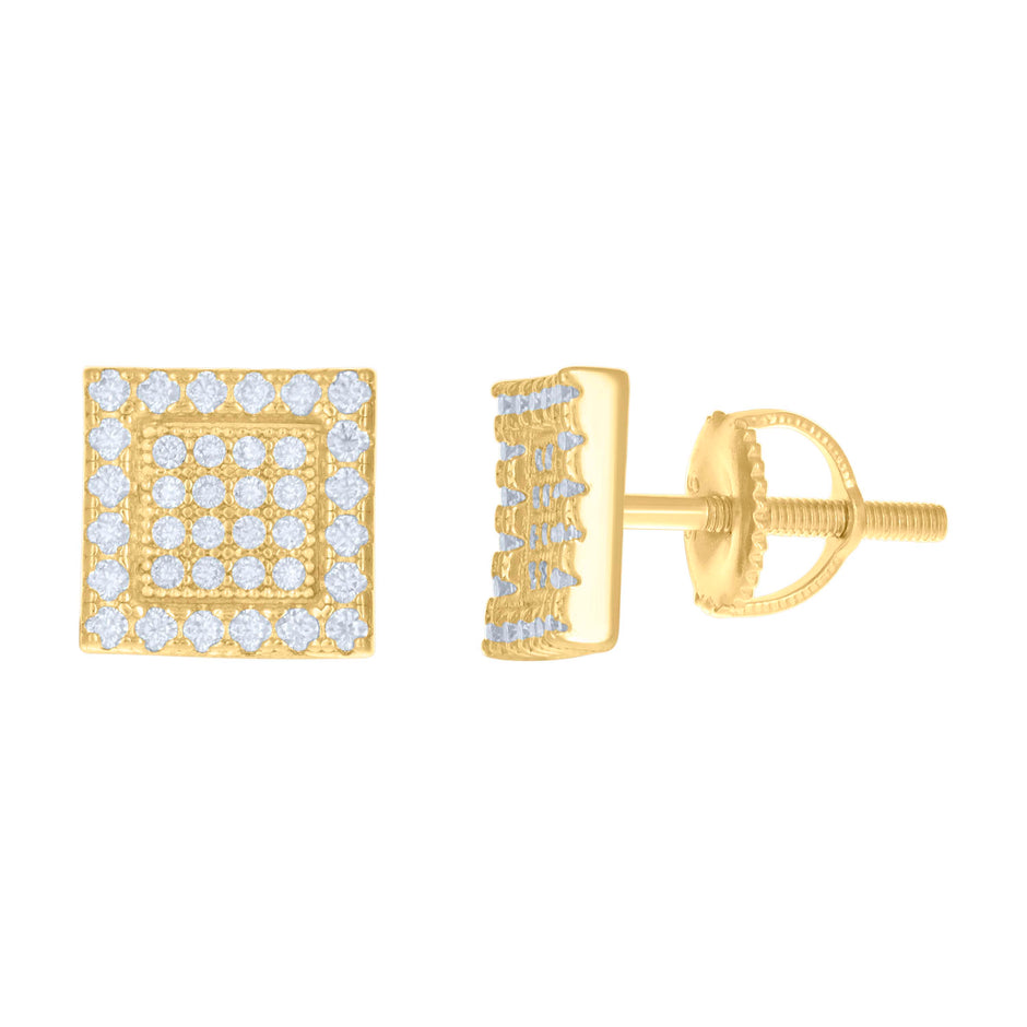 Yellow-Tone 925 Sterling Silver Unisex Cubic Zirconia Square Stud 8.3mm Earrings