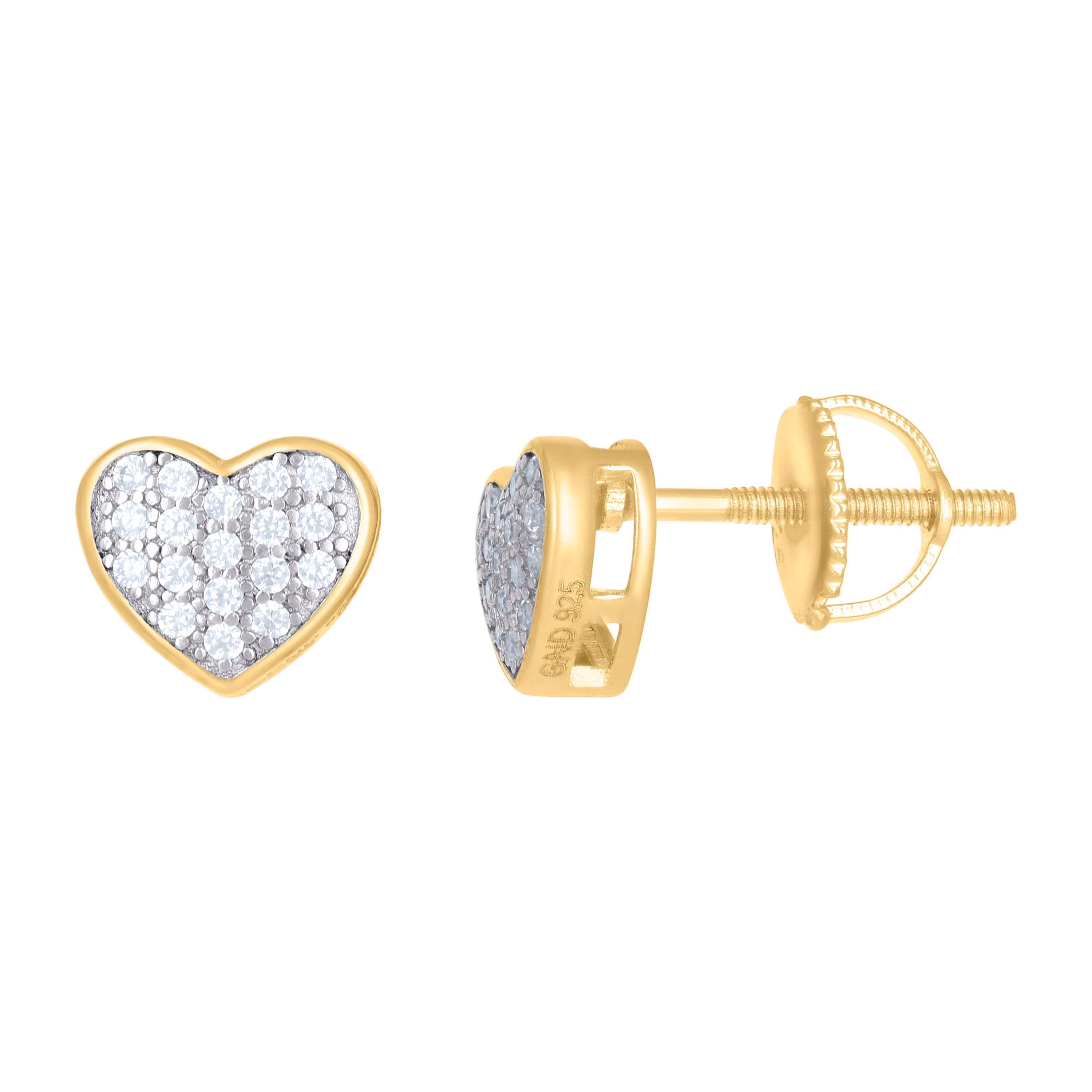 Yellow-Tone 925 Sterling Silver Womens And Men Unisex Round Cubic Zirconia Heart Stud Cluster Fashion Earrings