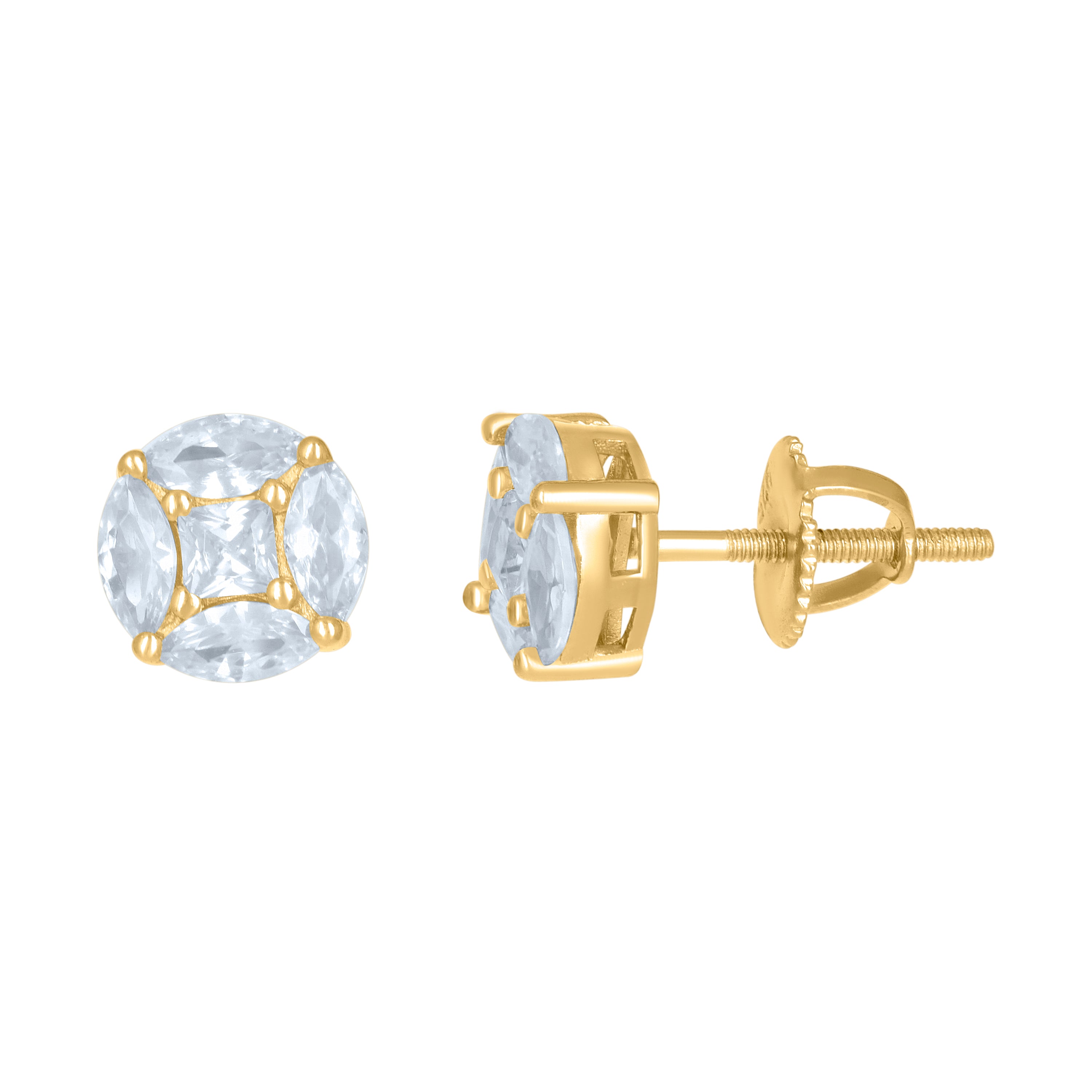 Yellow-Tone 925 Sterling Silver Unisex Princess Cubic Zirconia Circle Fashion Stud Earrings