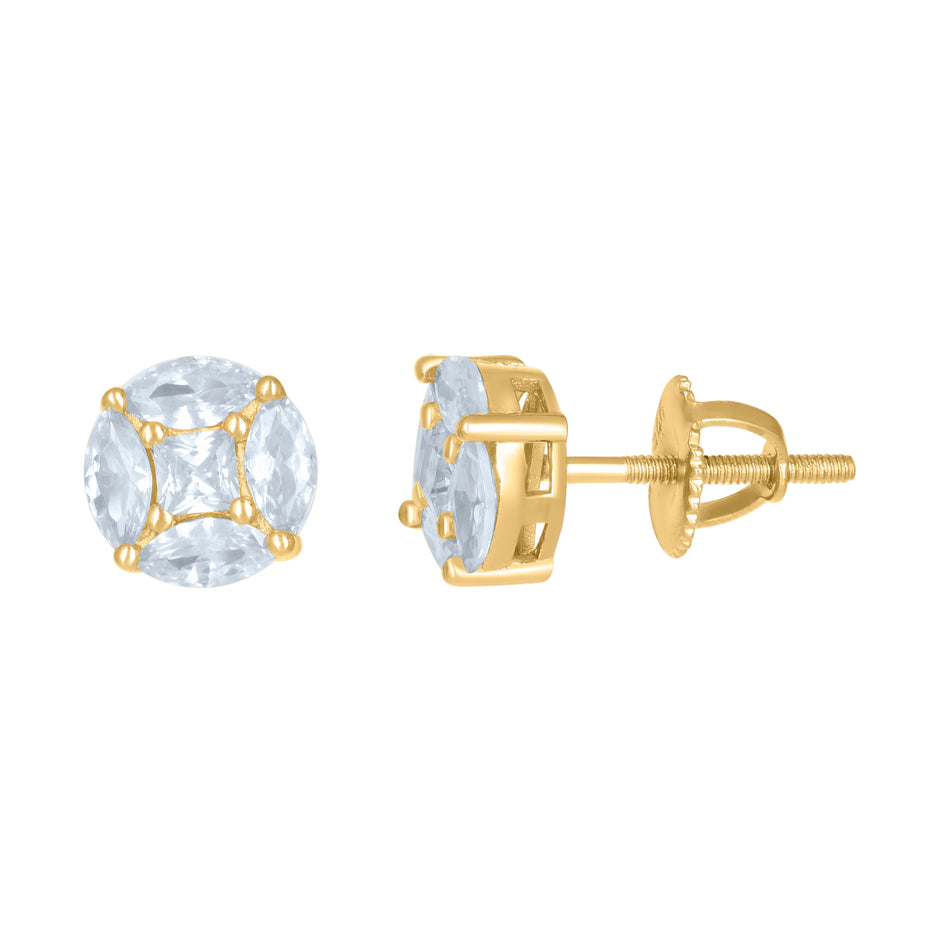 Yellow-Tone 925 Sterling Silver Unisex Princess Cubic Zirconia Circle Fashion Stud Earrings