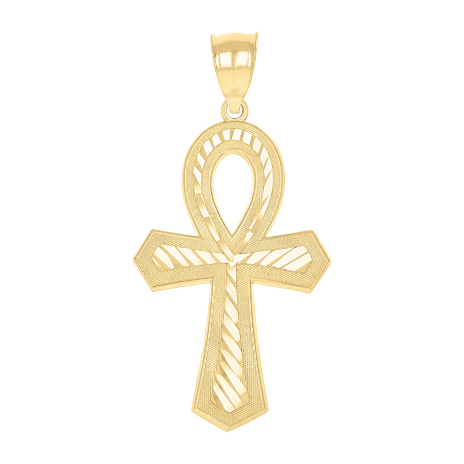 10kt Two-Tone Gold Unisex Textured Ankh Cross Religious Charm Pendant