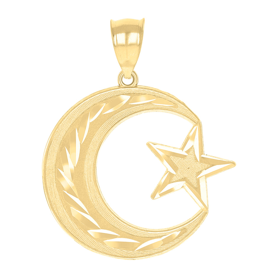 10kt Two-Tone Gold Mens Diamond-Cut Star Moon Charm Pendant