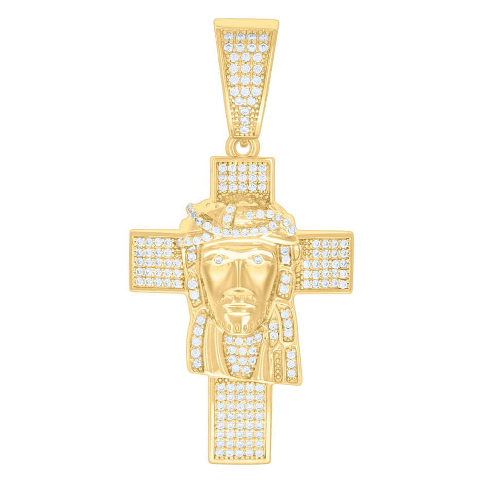 925 Sterling Silver Yellow-Tone Mens CZ Jesus Cross Religious Charm Pendant