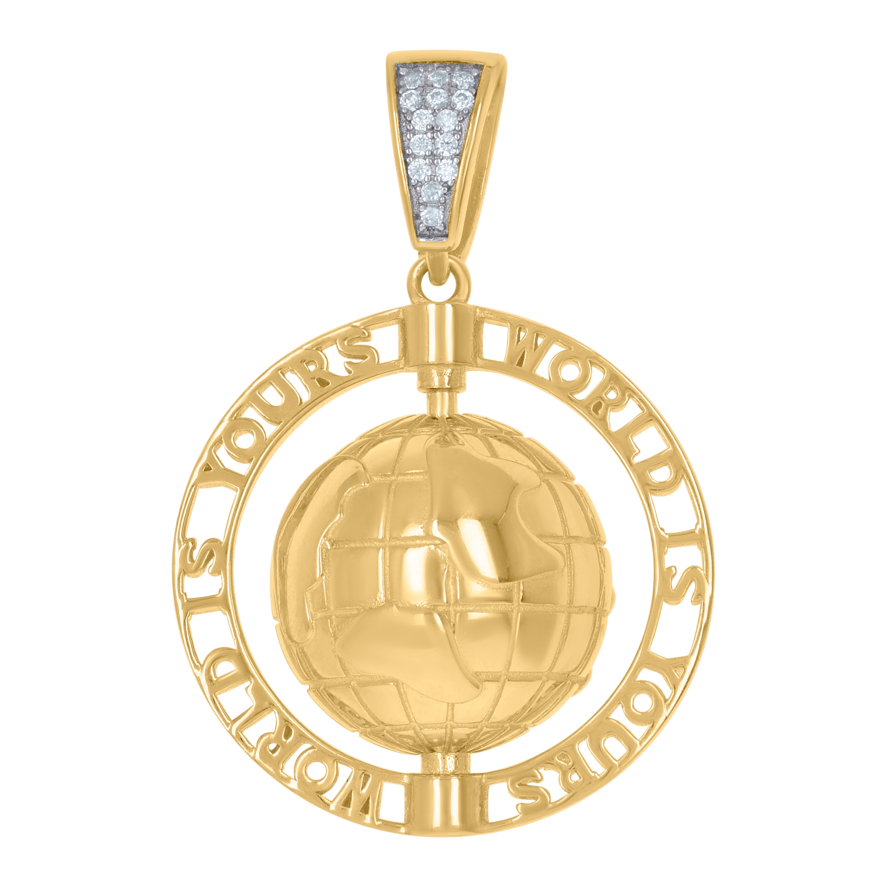 Yellow-Tone 925 Sterling Silver Mens Round Cubic Zirconia World Globe Charm Pendant