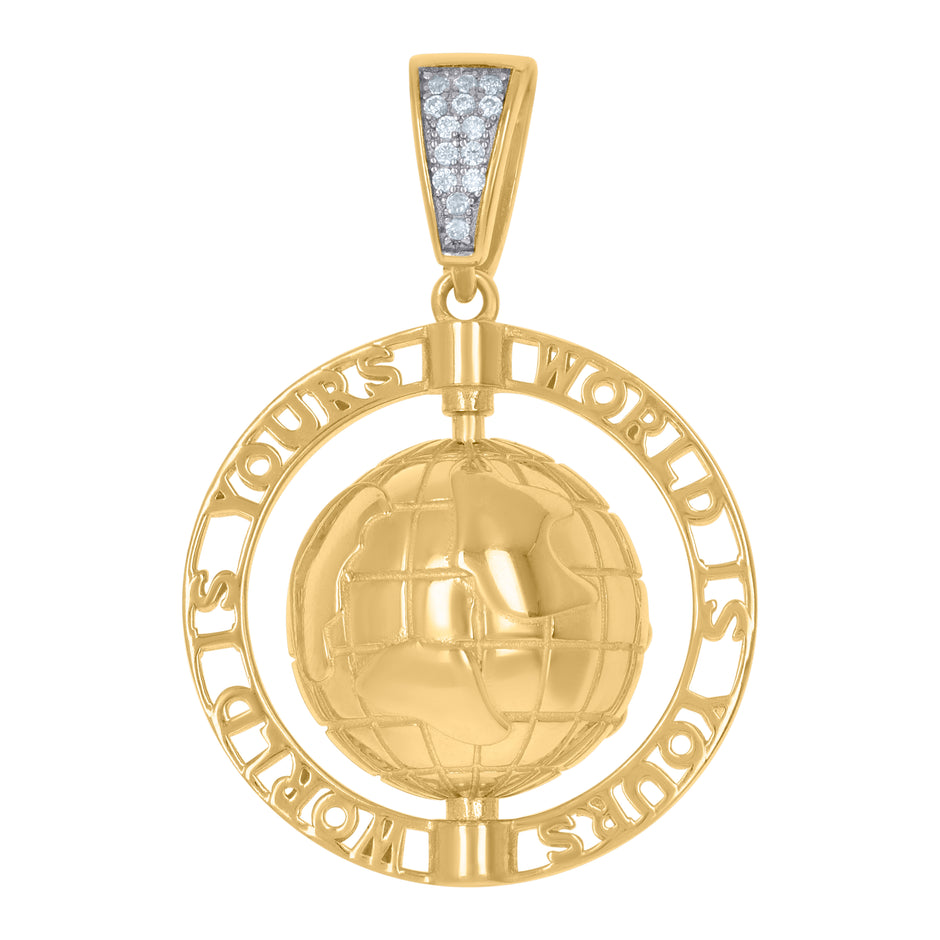 Yellow-Tone 925 Sterling Silver Mens Round Cubic Zirconia World Globe Charm Pendant