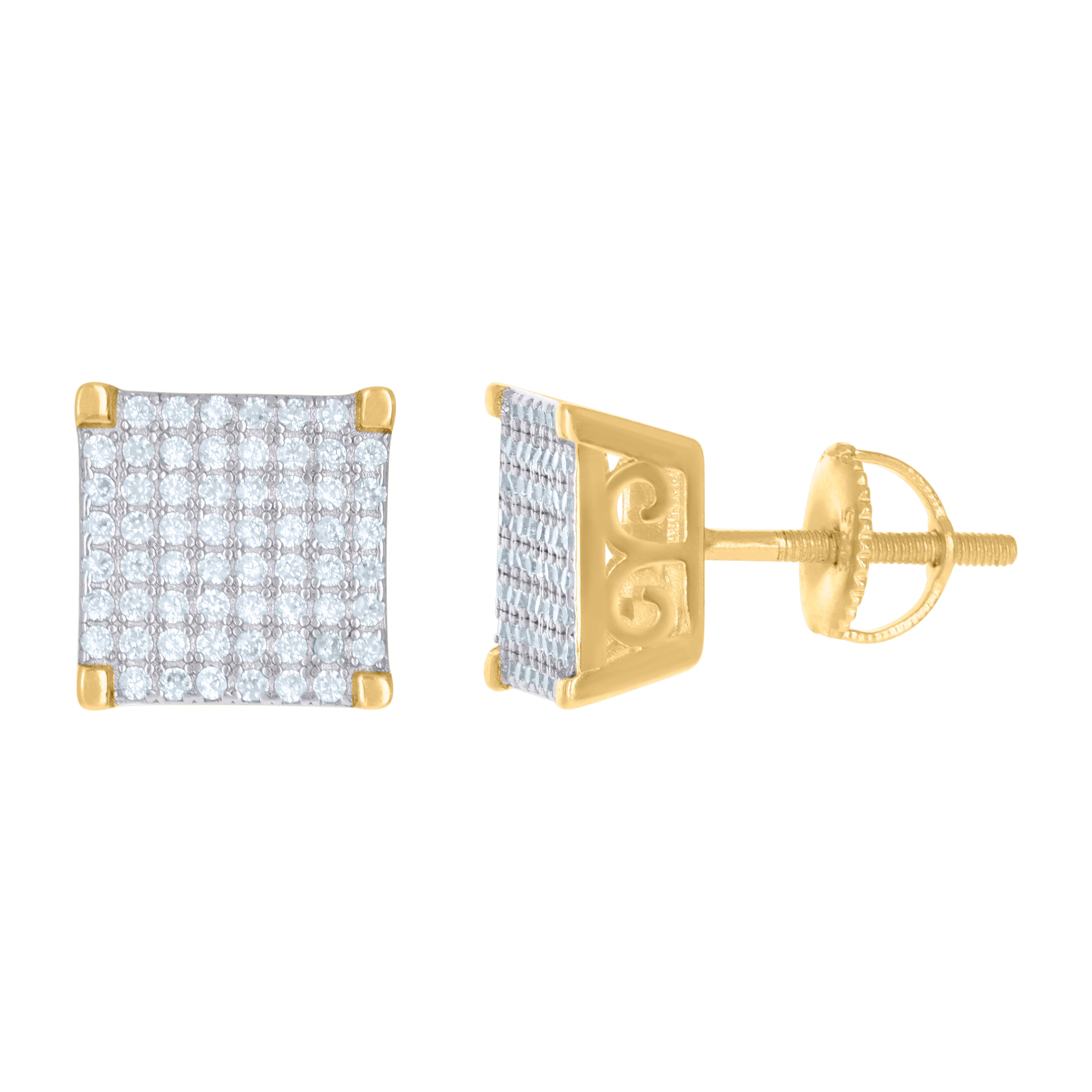 925 Sterling Silver Yellow-Tone Unisex Cubic Zirconia Square Stud Earrings
