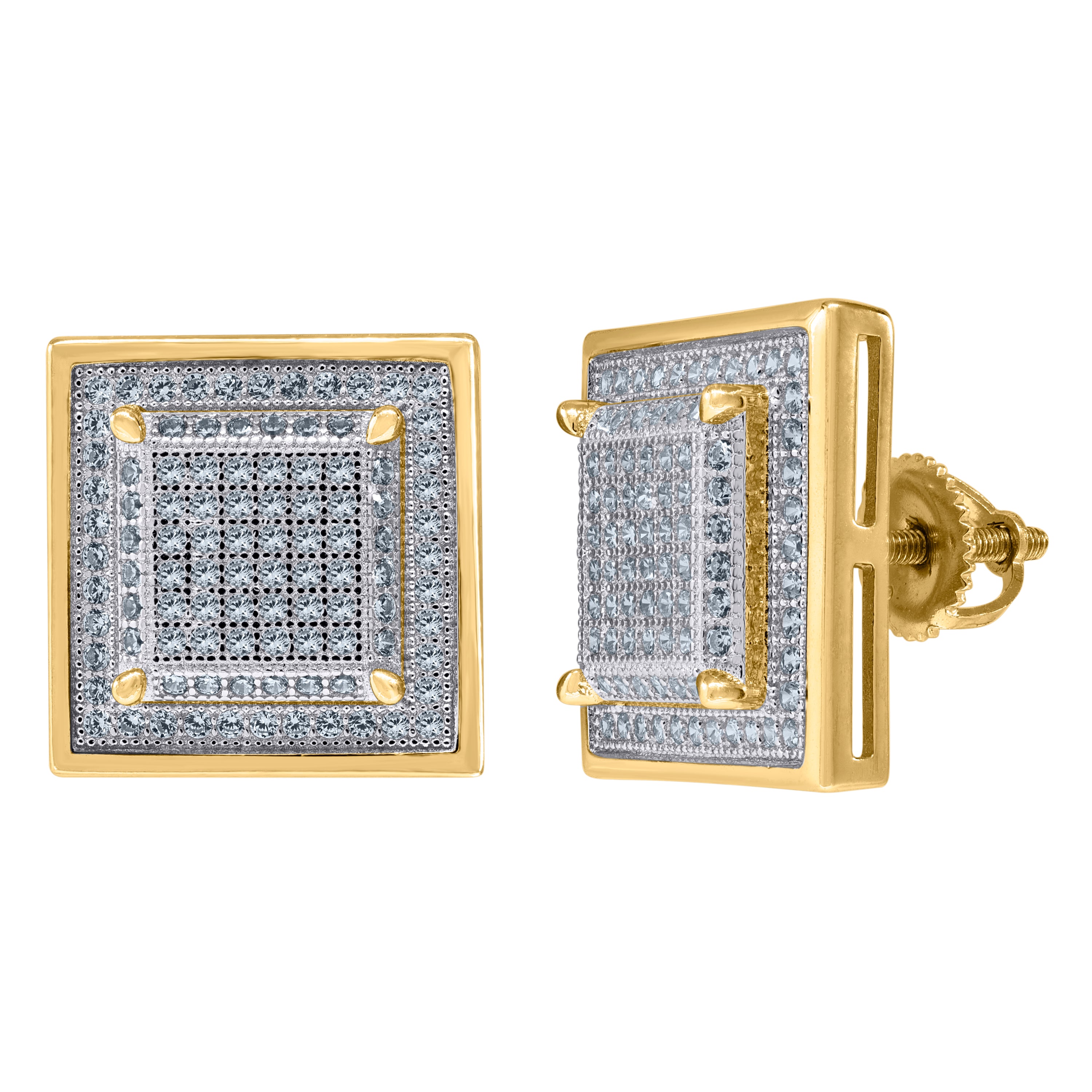 925 Sterling Silver Yellow-Tone Unisex Cubic Zirconia Square Stud Earrings