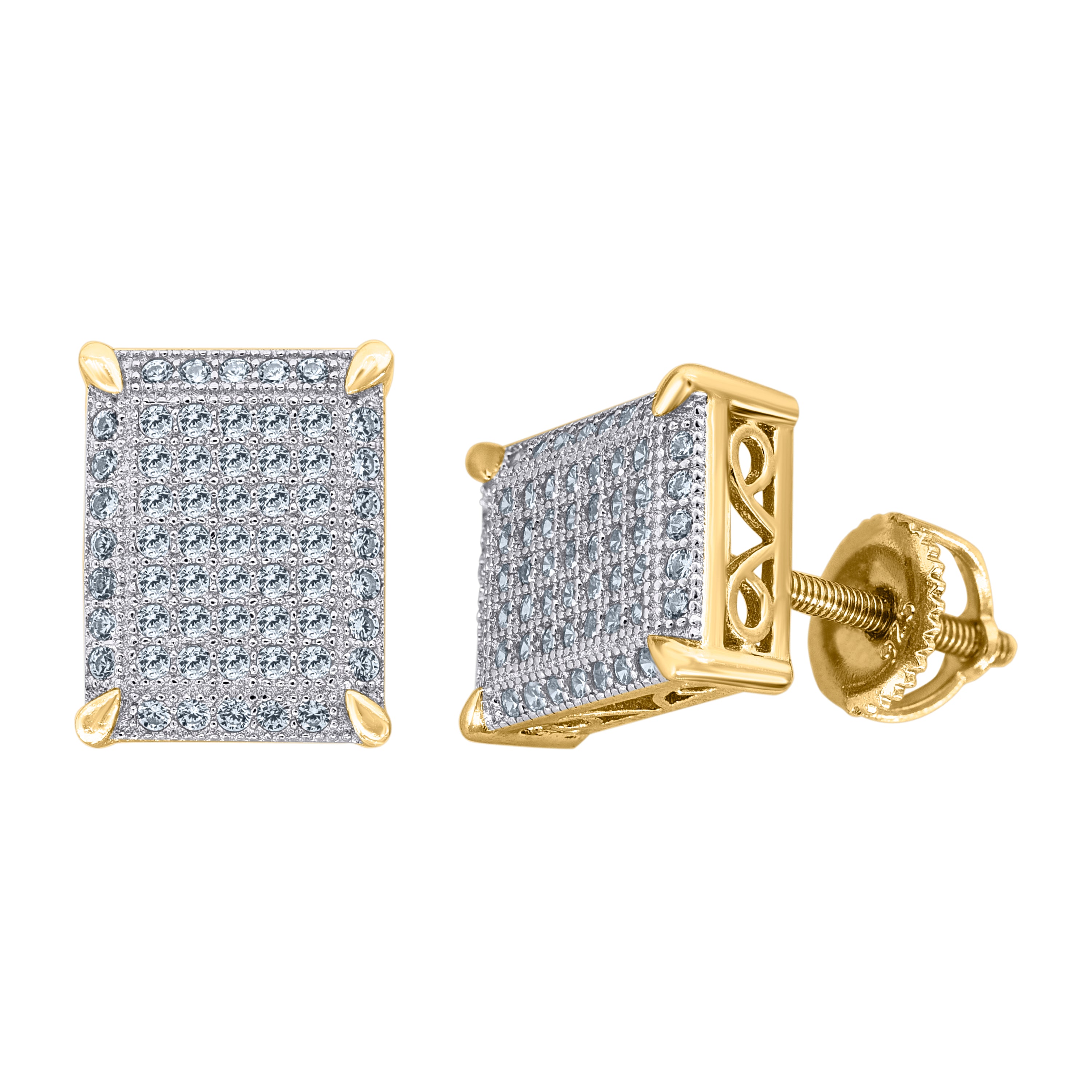 925 Sterling Silver Yellow-Tone Unisex Cubic Zirconia Rectangle Stud Earrings