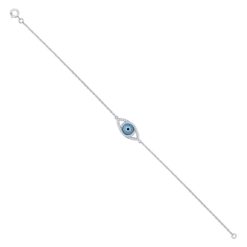925 Sterling Silver Womens Cubic Zirconia Rolo Link Evil Eye Bracelet