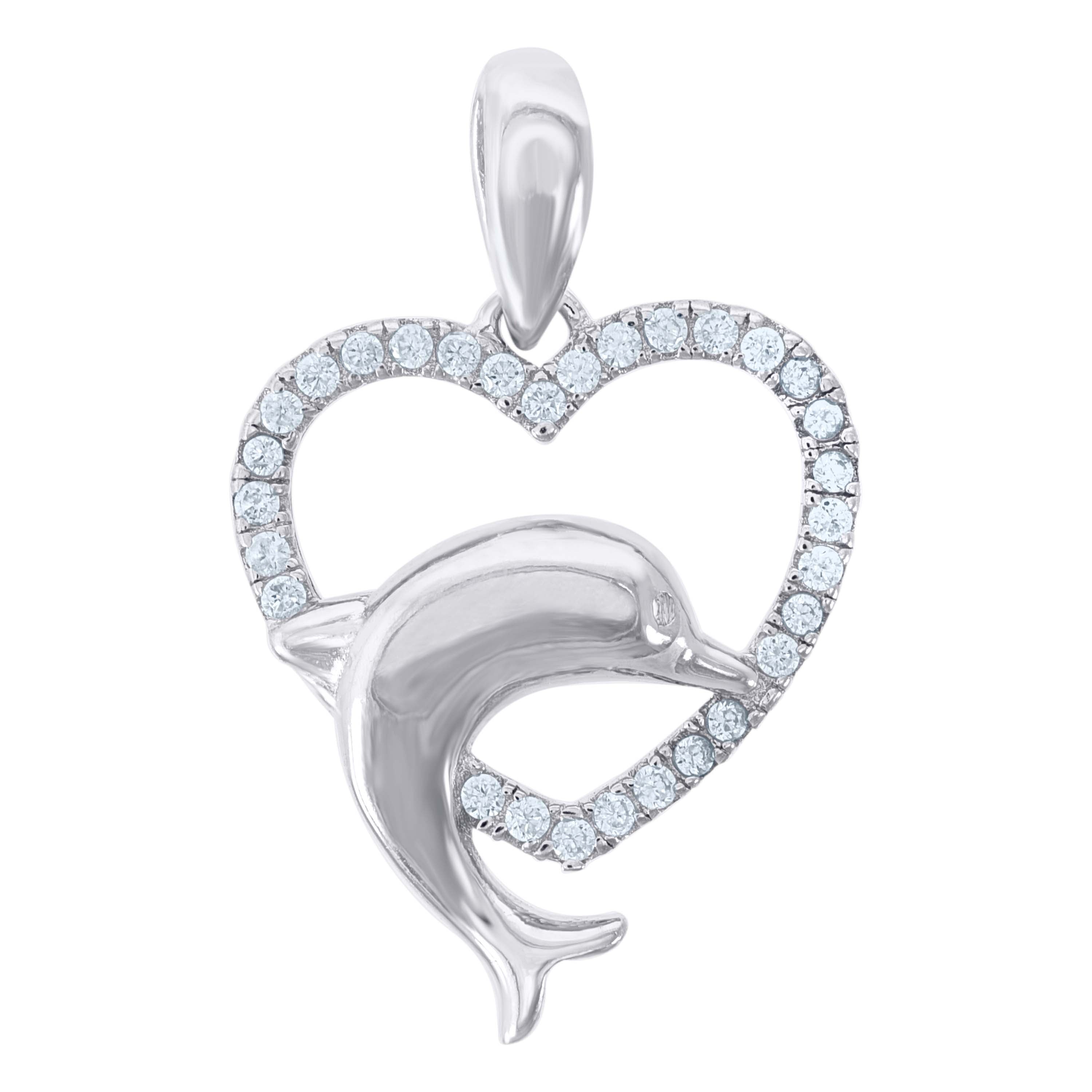 925 Sterling Silver Womens Cubic Zirconia Heart Dolphin Charm Pendant
