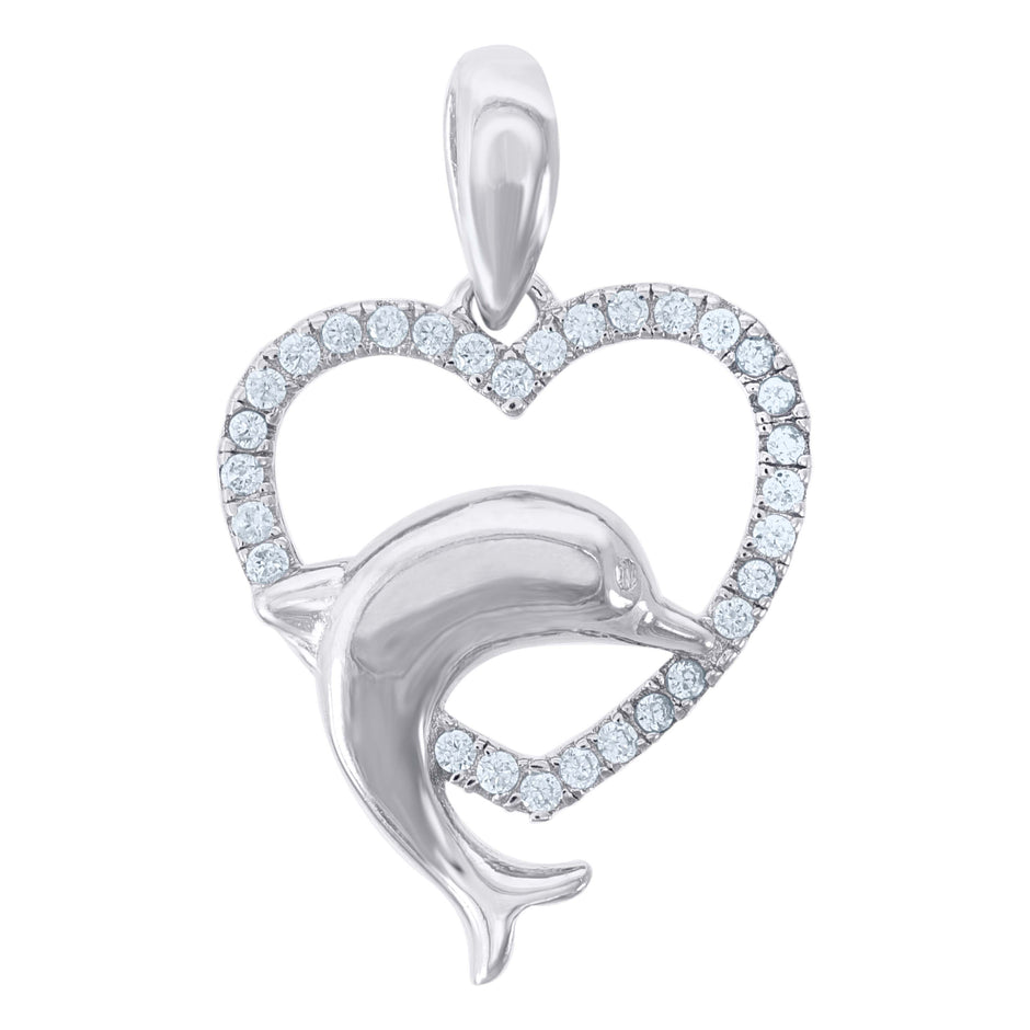 925 Sterling Silver Womens Cubic Zirconia Heart Dolphin Charm Pendant
