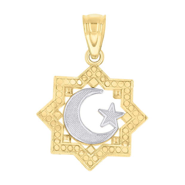 10kt Gold Two-Tone Textured Womens Crescent Moon Star Religious Charm Pendant