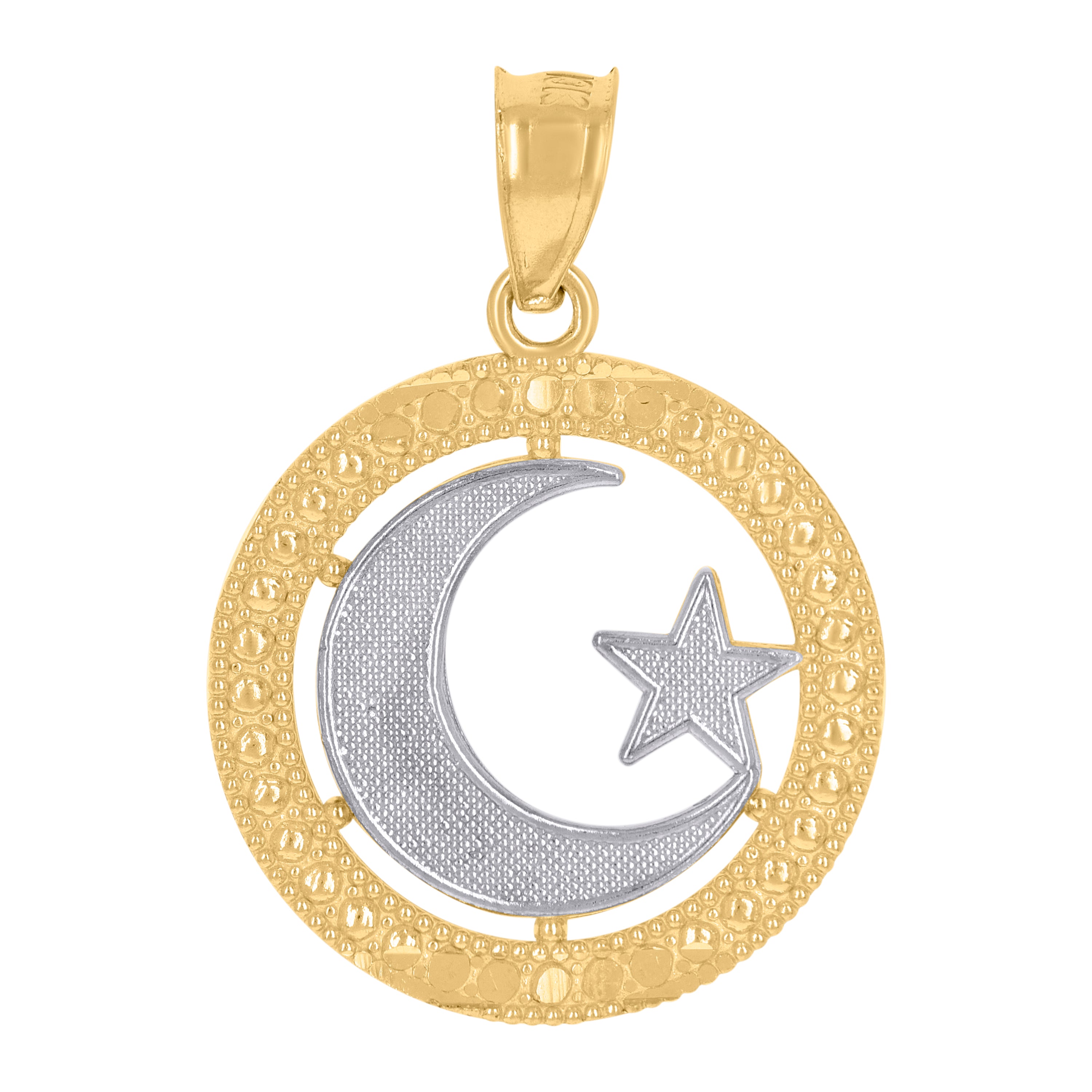 10kt Gold Two-Tone Textured Womens Crescent Moon Star Religious Charm Pendant
