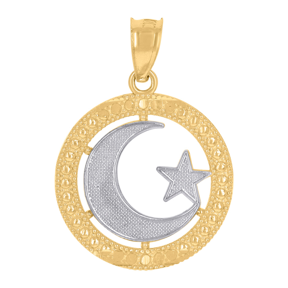 10kt Gold Two-Tone Textured Womens Crescent Moon Star Religious Charm Pendant