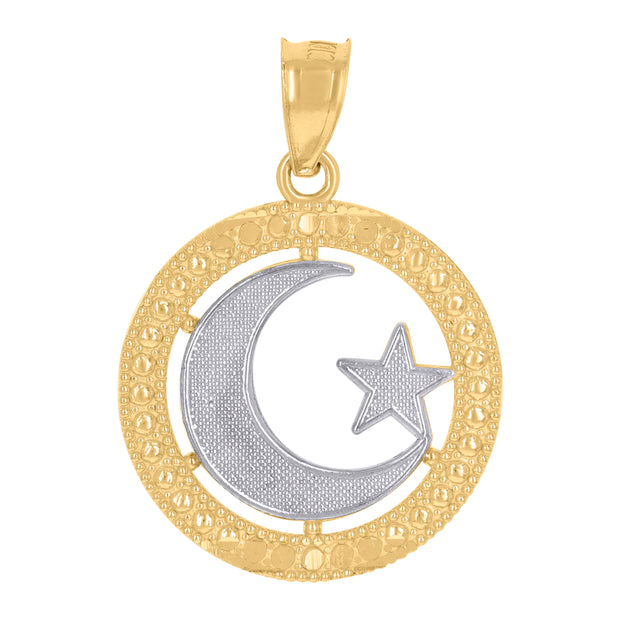 10kt Gold Two-Tone Textured Womens Crescent Moon Star Religious Charm Pendant