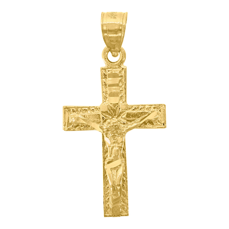 14Kt Yellow Gold Unisex Diamond-Cut Cross Crucifix Ht:28.9Mm Religious Pendant Charm