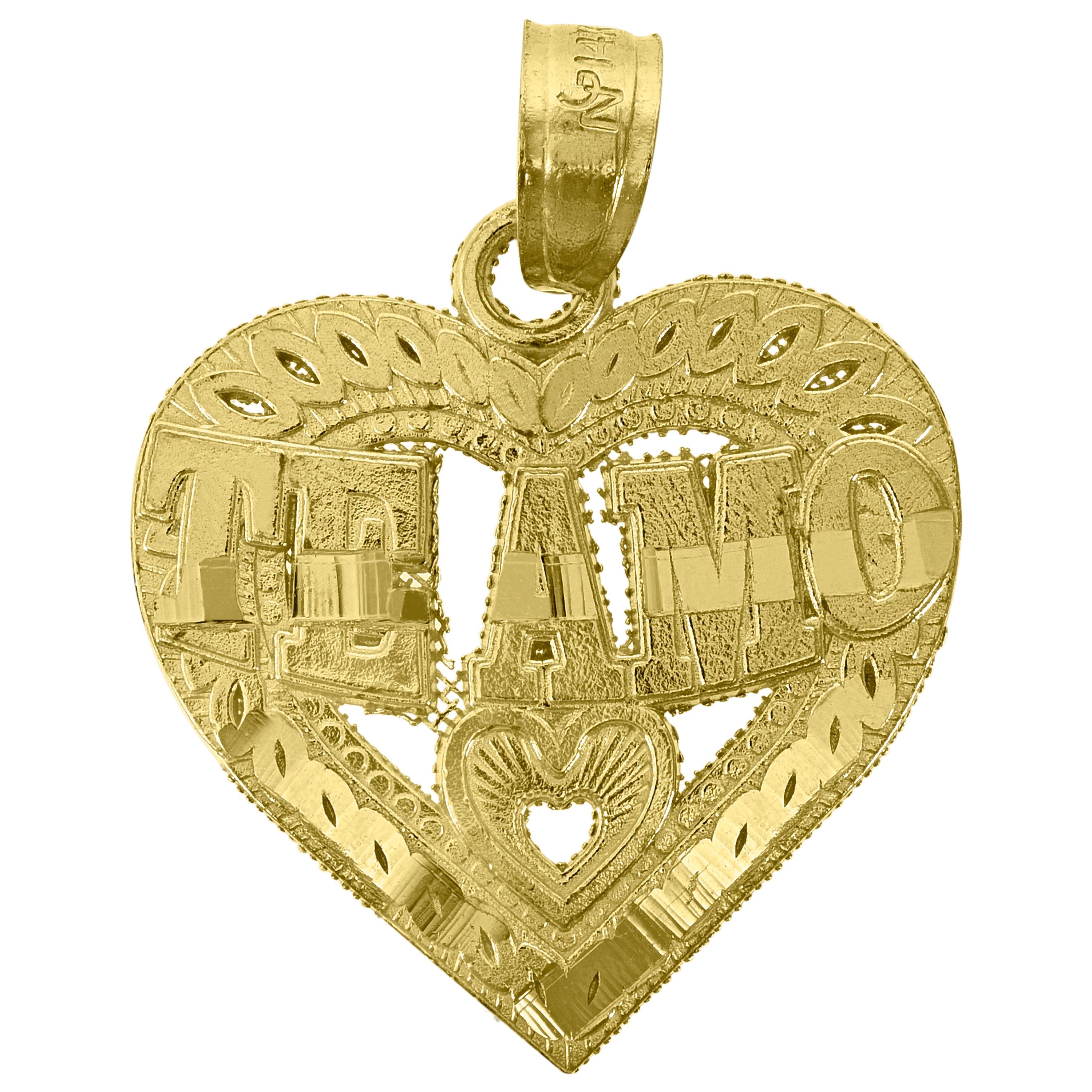 14Kt Yellow Gold Womens Diamond-Cut Te Amo Heart Ht:21.3Mm Pendant Charm