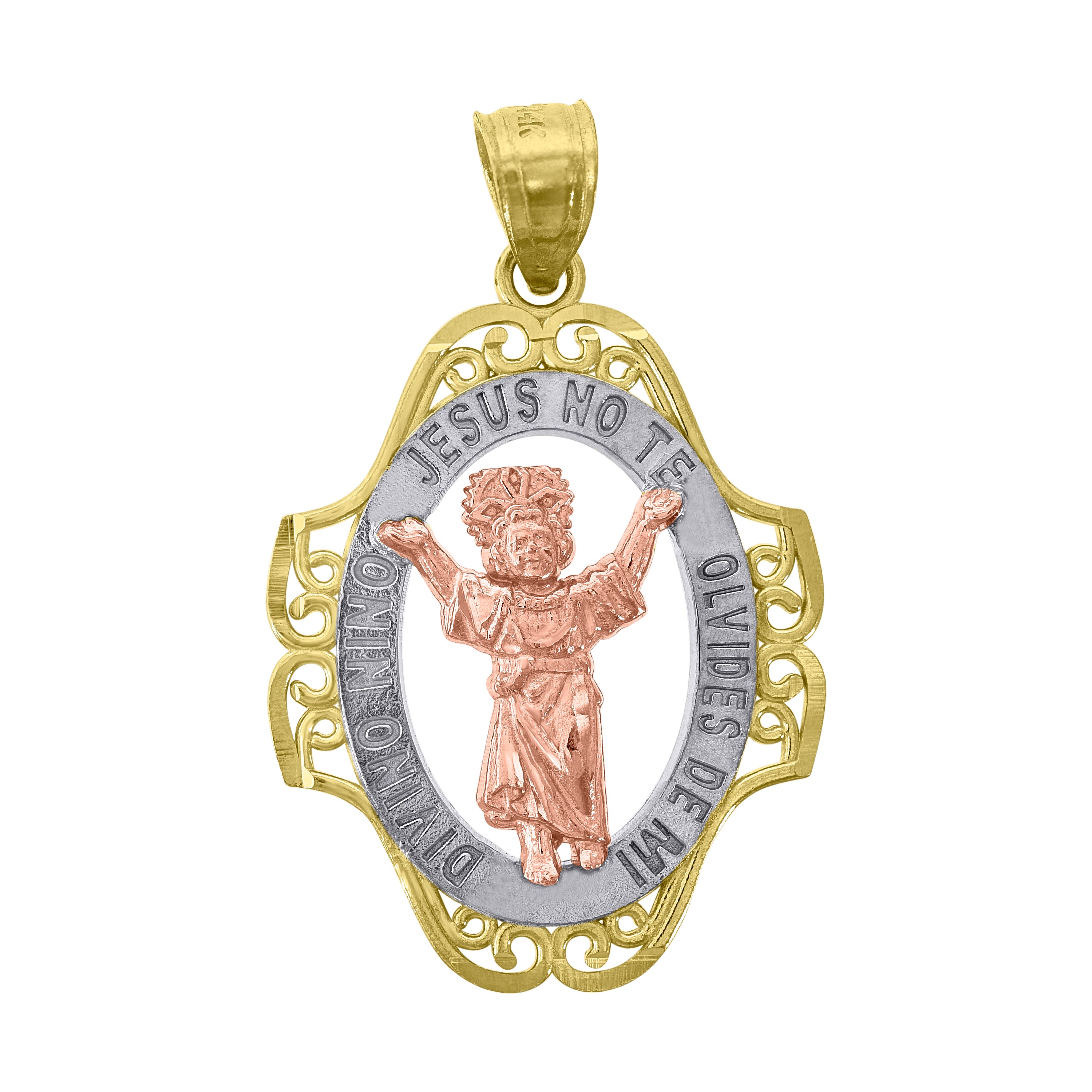 14Kt Gold Unisex Tri-Color Jesus No Te Olvides De Mi Religious Ht:30.2Mm Pendant Charm
