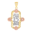 14Kt Gold Womens Tri-Color Diamond-Cut 15 Anos Flower Quinceanera Ht:31Mm Pendant Charm