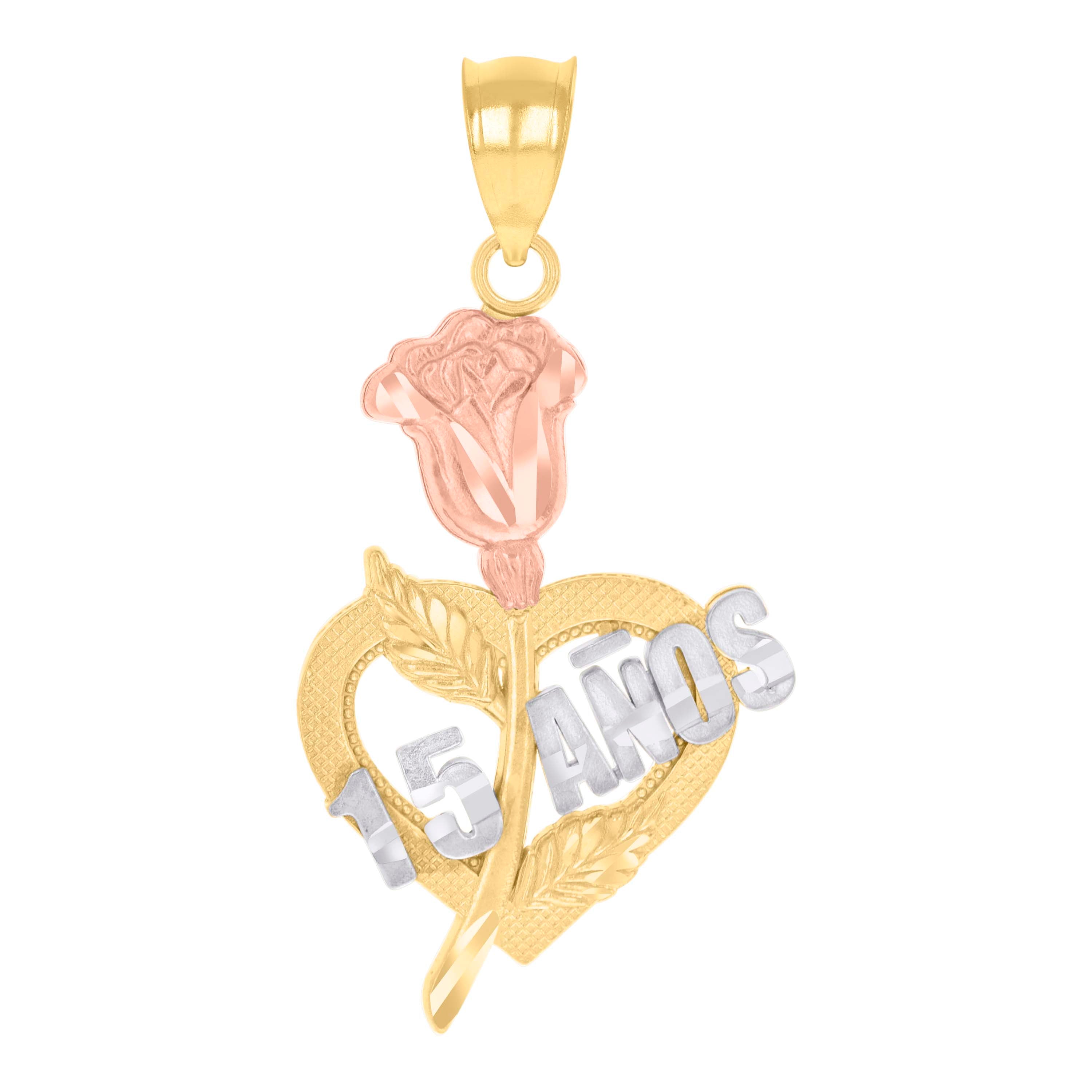 14Kt Gold Womens Tri-Color 15 Anos Rose Heart Quinceanera Ht:20Mm Pendant Charm