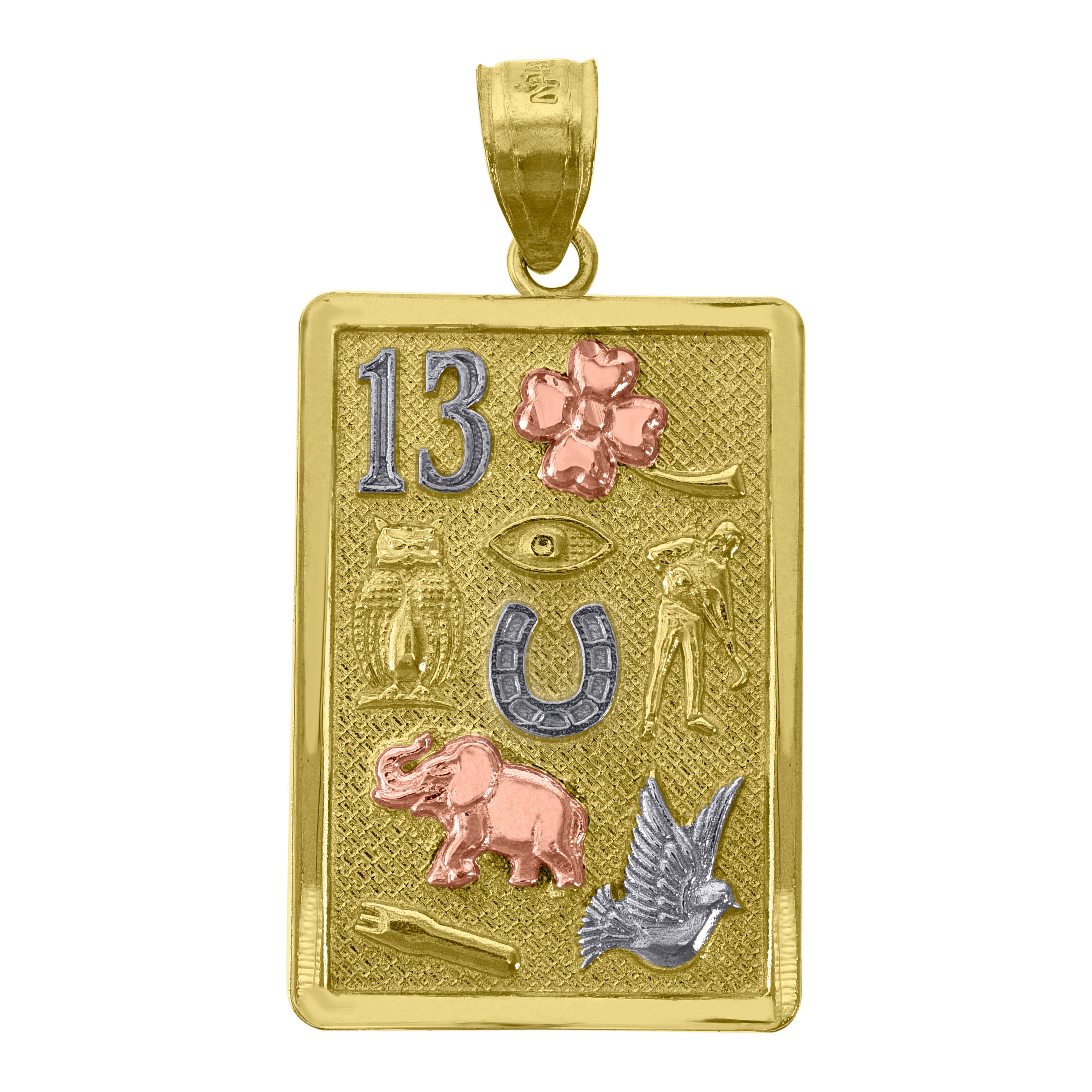 14Kt Gold Unisex Tri-Color No.13 Elephant Owl Horse Shoe Clover Lucky Rectangle Amulet Good Luck Pendant