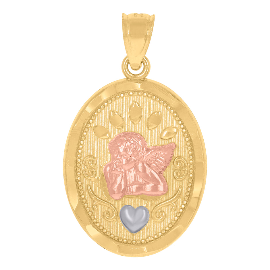 14Kt Gold Unisex Tri-Color Cupid Heart Oval Ht:27.1Mm Pendant Charm