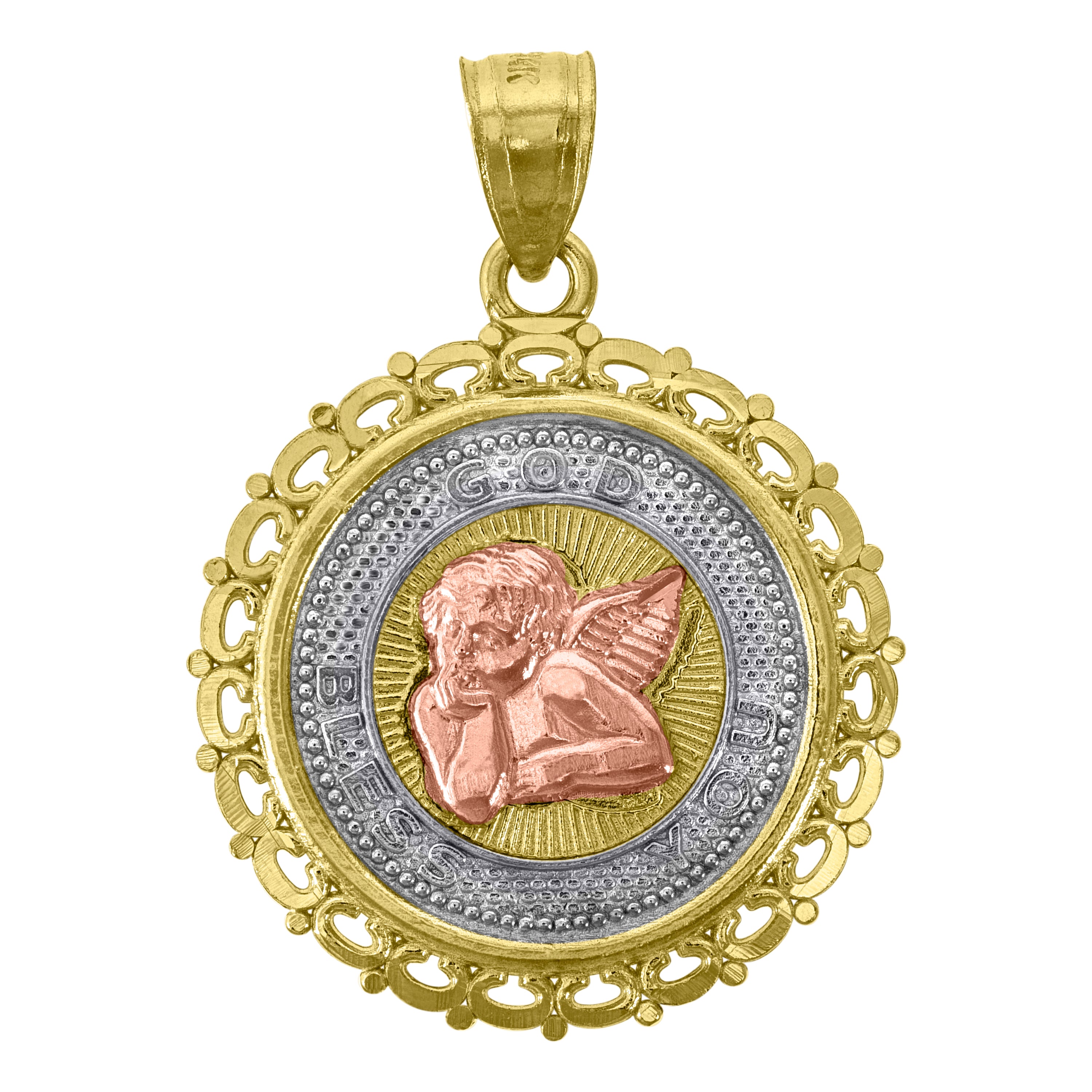 14Kt Gold Unisex Tri-Color Cupid Heart Round Medallion Ht:27.5Mm Pendant Charm