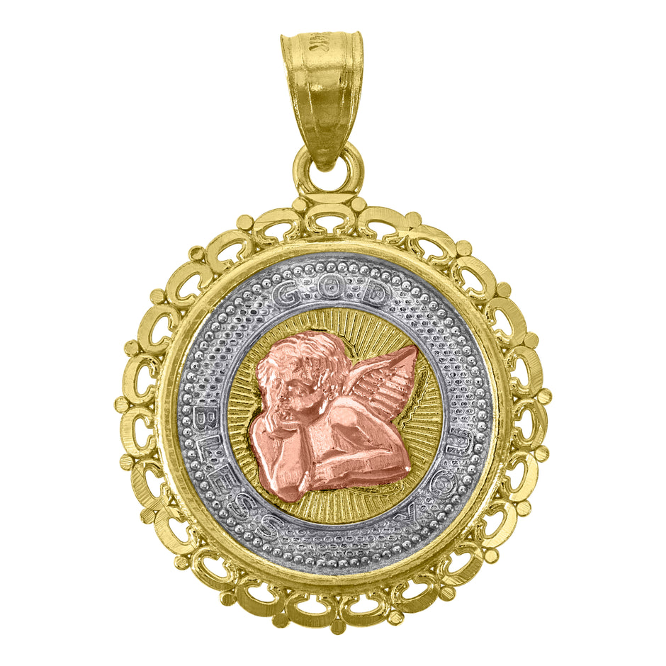 14Kt Gold Unisex Tri-Color Cupid Heart Round Medallion Ht:27.5Mm Pendant Charm