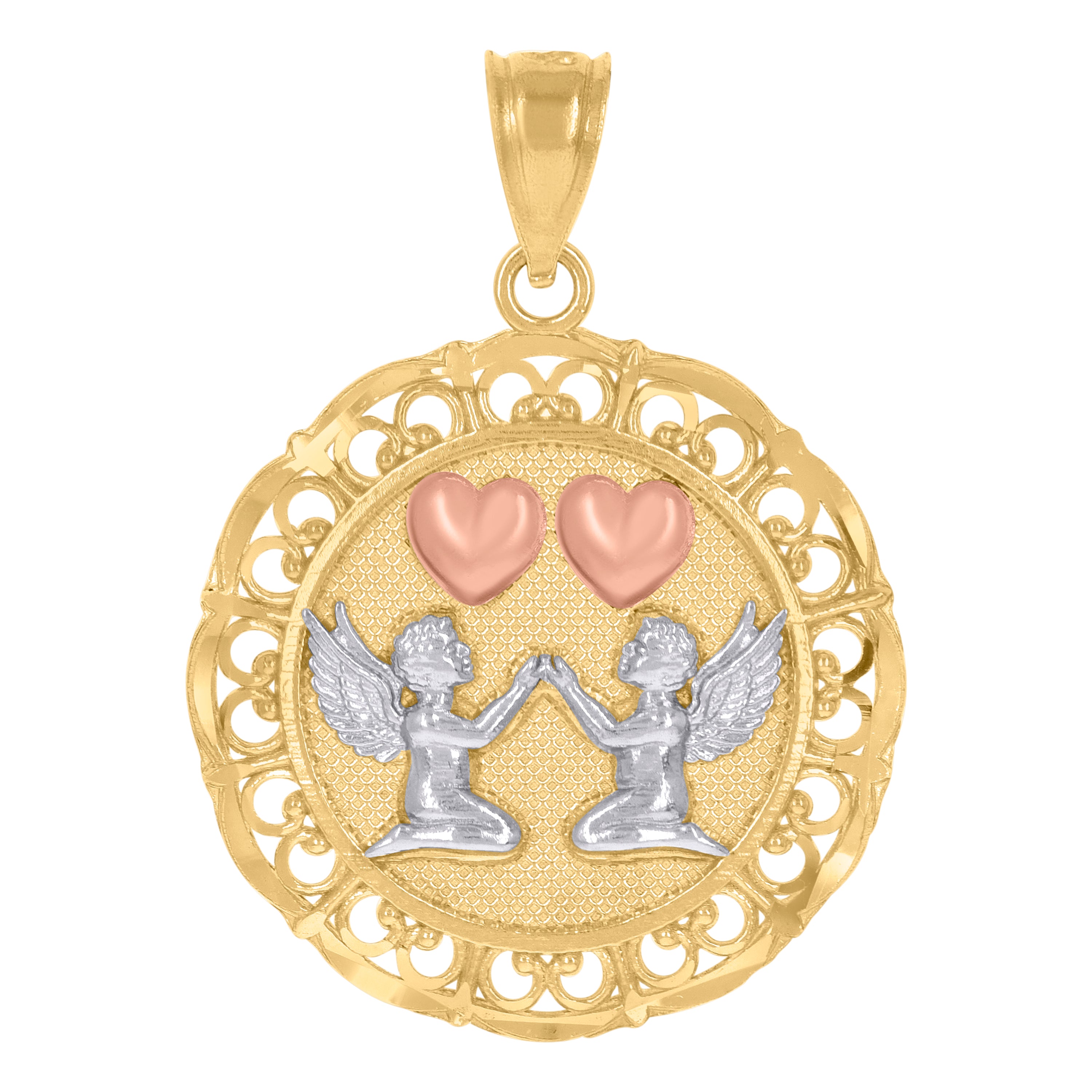 14Kt Gold Unisex Tri-Color Cupid Heart Round Medallion Ht:29.1Mm Pendant Charm