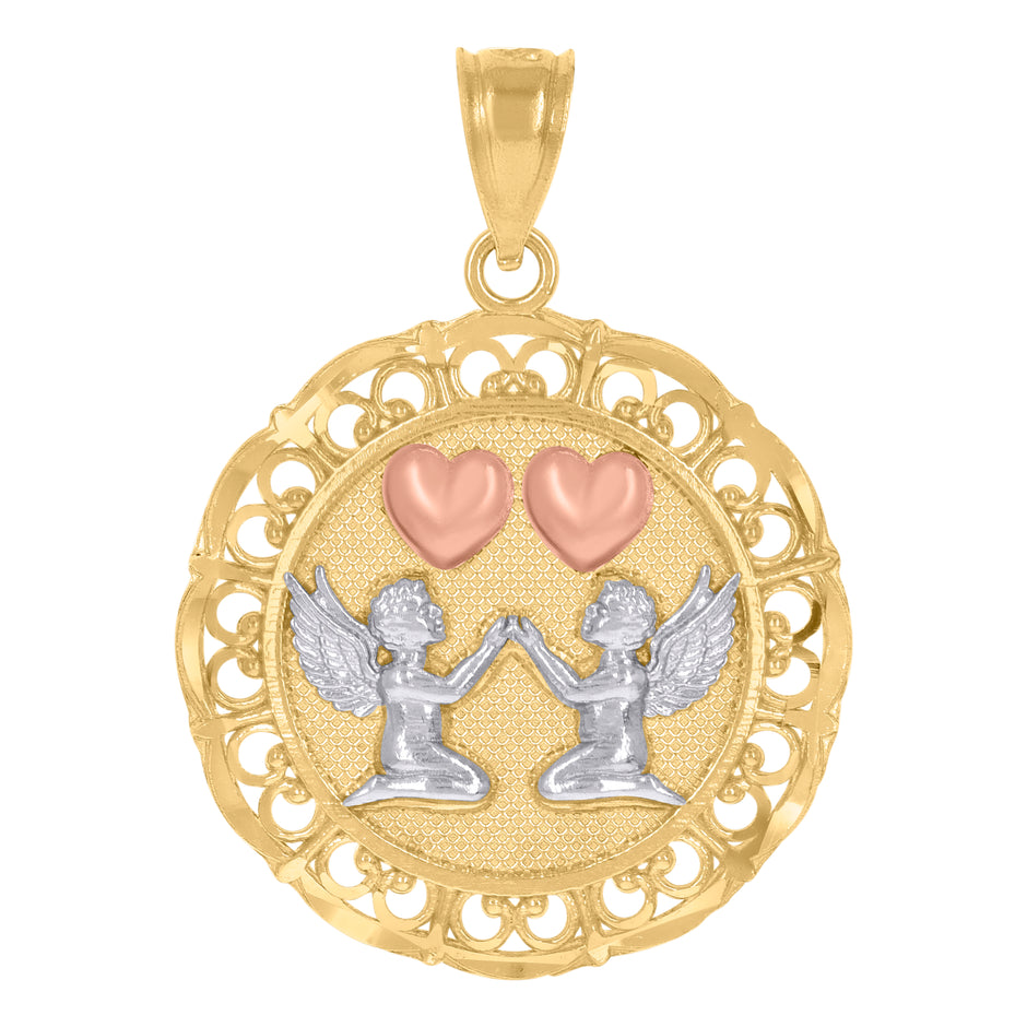 14Kt Gold Unisex Tri-Color Cupid Heart Round Medallion Ht:29.1Mm Pendant Charm