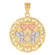 14Kt Gold Unisex Tri-Color Cupid Heart Round Medallion Ht:29.1Mm Pendant Charm