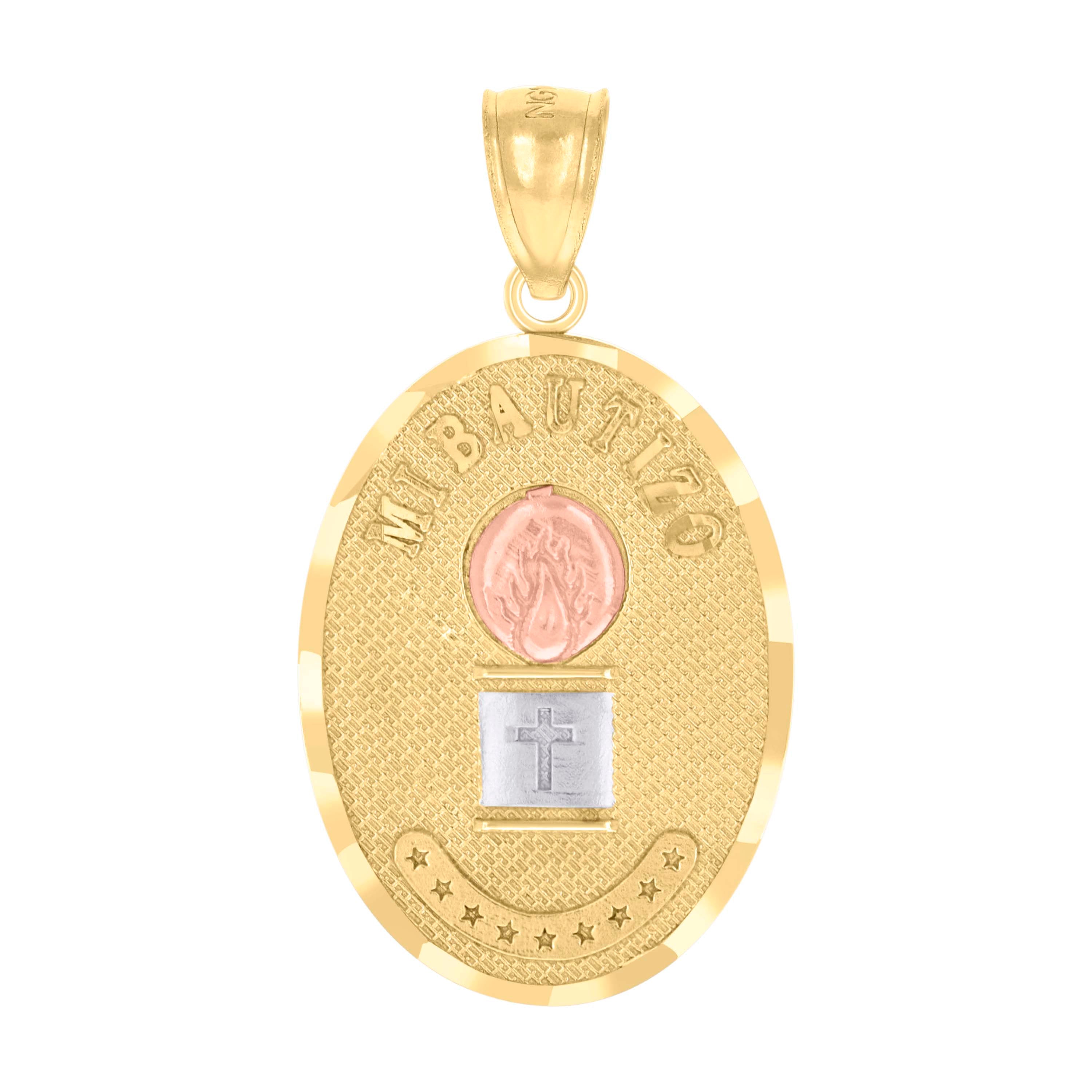 14Kt Gold Unisex Two-Tone Diamond-Cut Cross Mi Bautizo My Baptism Ht:28Mm Pendant Charm