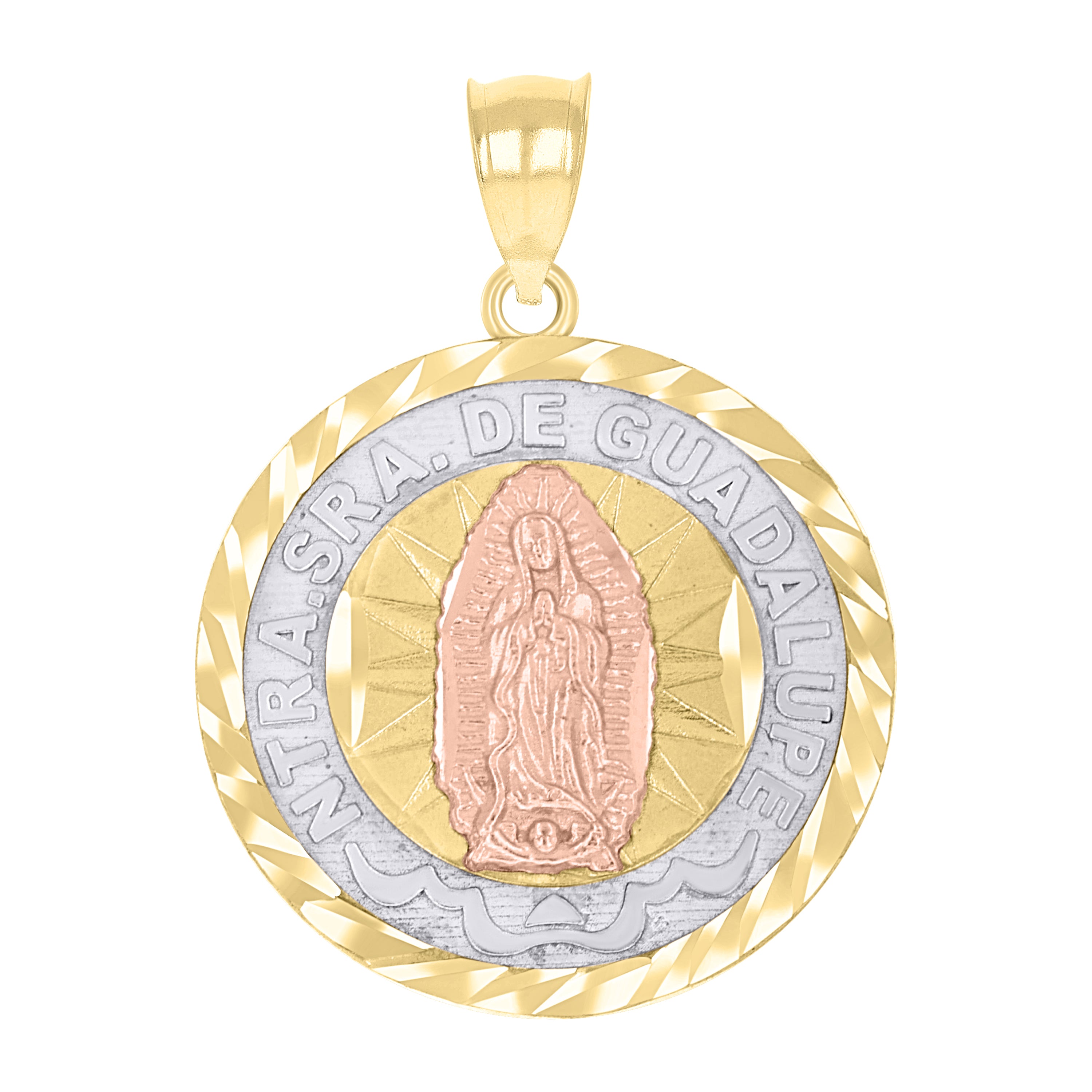 14Kt Gold Unisex Tri-Color Diamond-Cut Our Lady Of Guadalupe Marry Medallion Religious Ht:27.1Mm Pendant