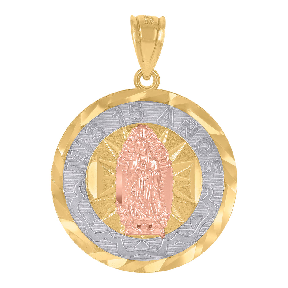 14Kt Gold Womens Tri-Color Diamond-Cut Mis 15 Anos Guadalupe Ht:15.5Mm Quinceanera Pendant