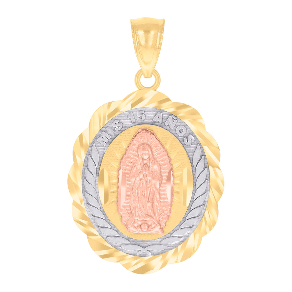 14Kt Gold Womens Tri-Color Diamond-Cut Mis 15 Anos Guadalupe Oval Quinceanera Ht:29.2Mm Pendant Charm
