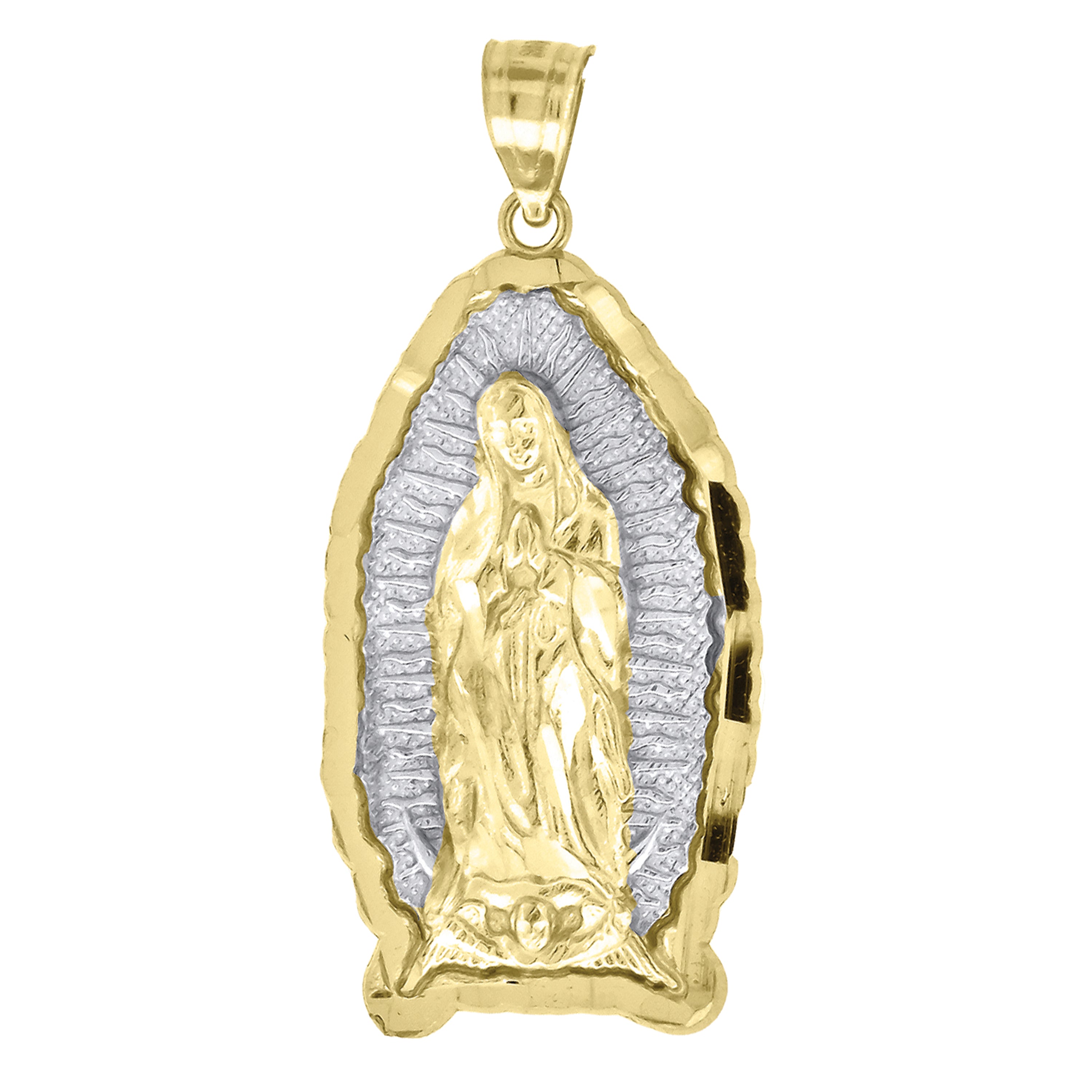14Kt Gold Unisex Two-Tone Diamond-Cut Guadalupe Mary Ht:36.6Mm Religious Pendant Charm