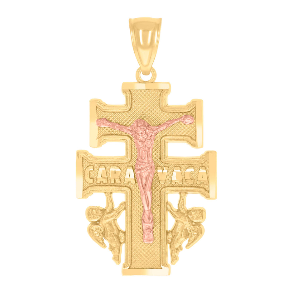 14Kt Gold Unisex Tri-Color Caravaca Cross Crucifix Angels Religious Ht:34Mm Pendant Charm
