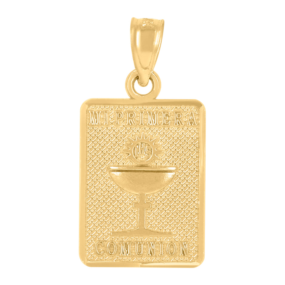 14Kt Yellow Gold Womens Diamond-Cut Mi Primera Communion Ceremony Rectangle Religious Pendant Charm 