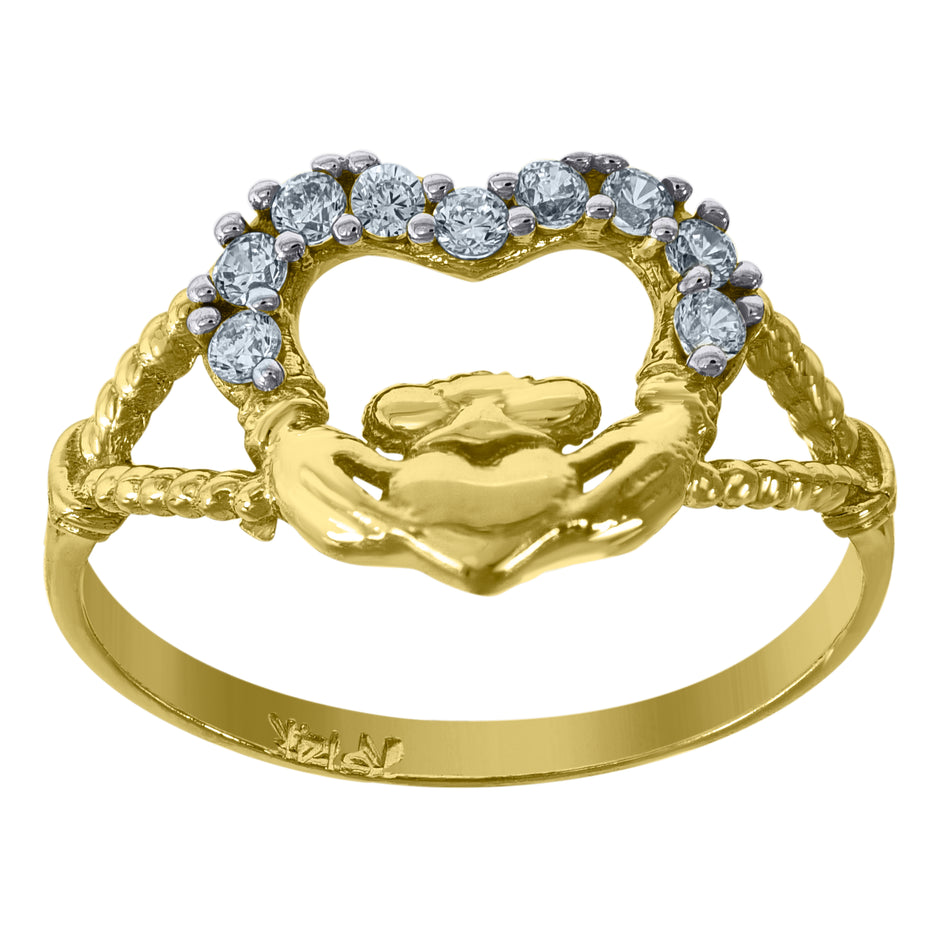 14Kt Two-Tone Gold Womens Cz Claddagh Sz7 Ring Band