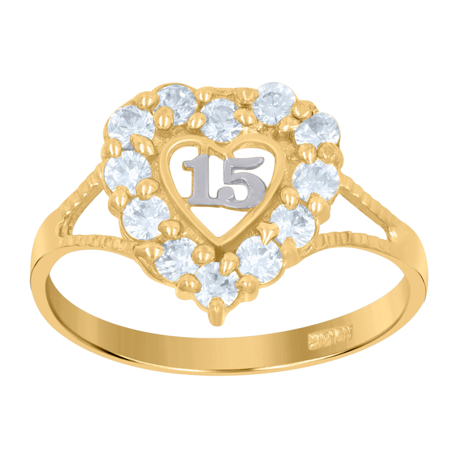 14Kt Gold Womens Two-Tone Cz 15 Anos Heart Sz7 Quinceanera Ring Band