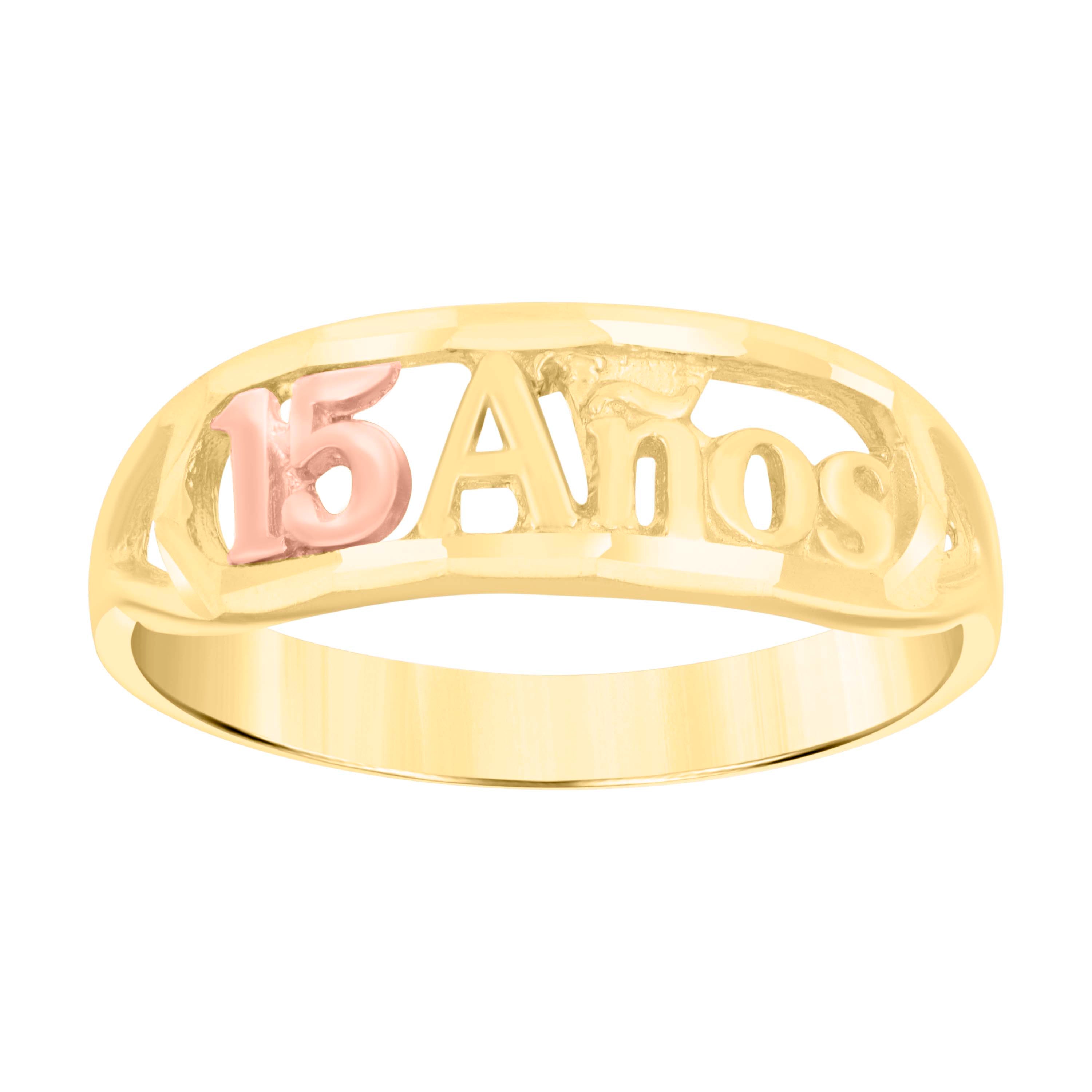 14Kt Gold Womens Tri-Color Diamond-Cut 15 Anos Sz7 Heart Quinceanera Ring Band