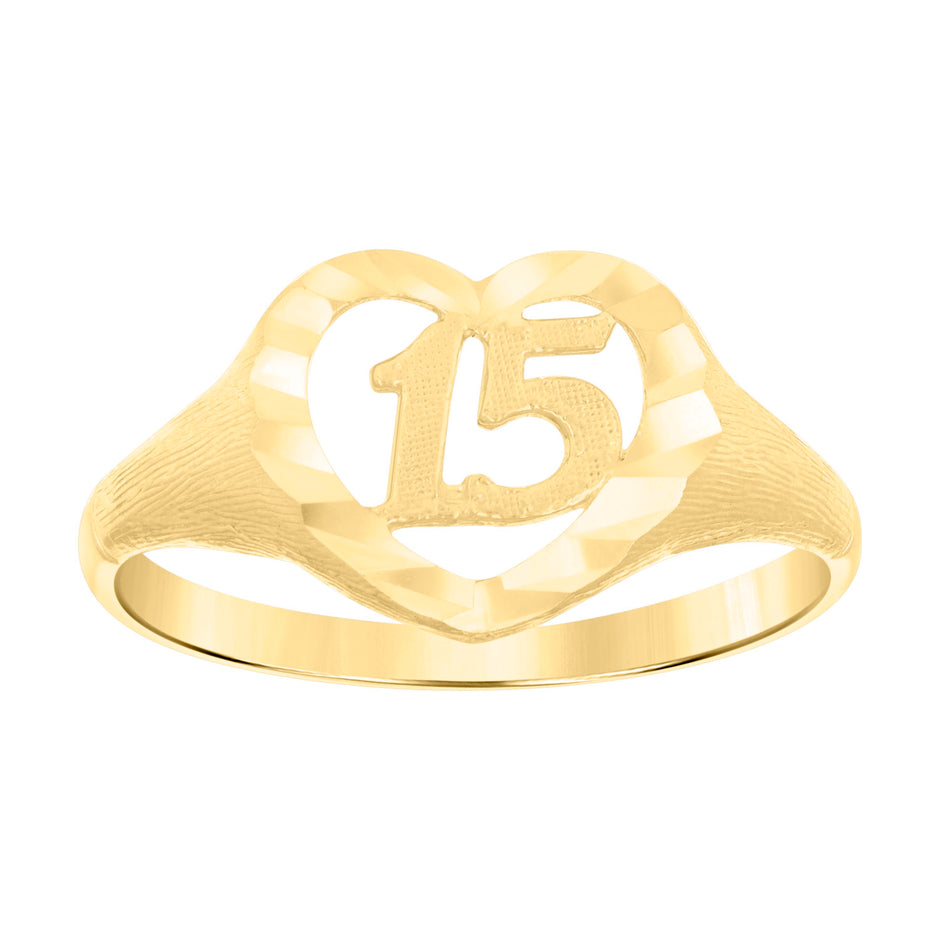 14Kt Gold Womens Two-Tone Diamond-Cut 15 Anos Heart Sz7 Quinceanera Ring Band