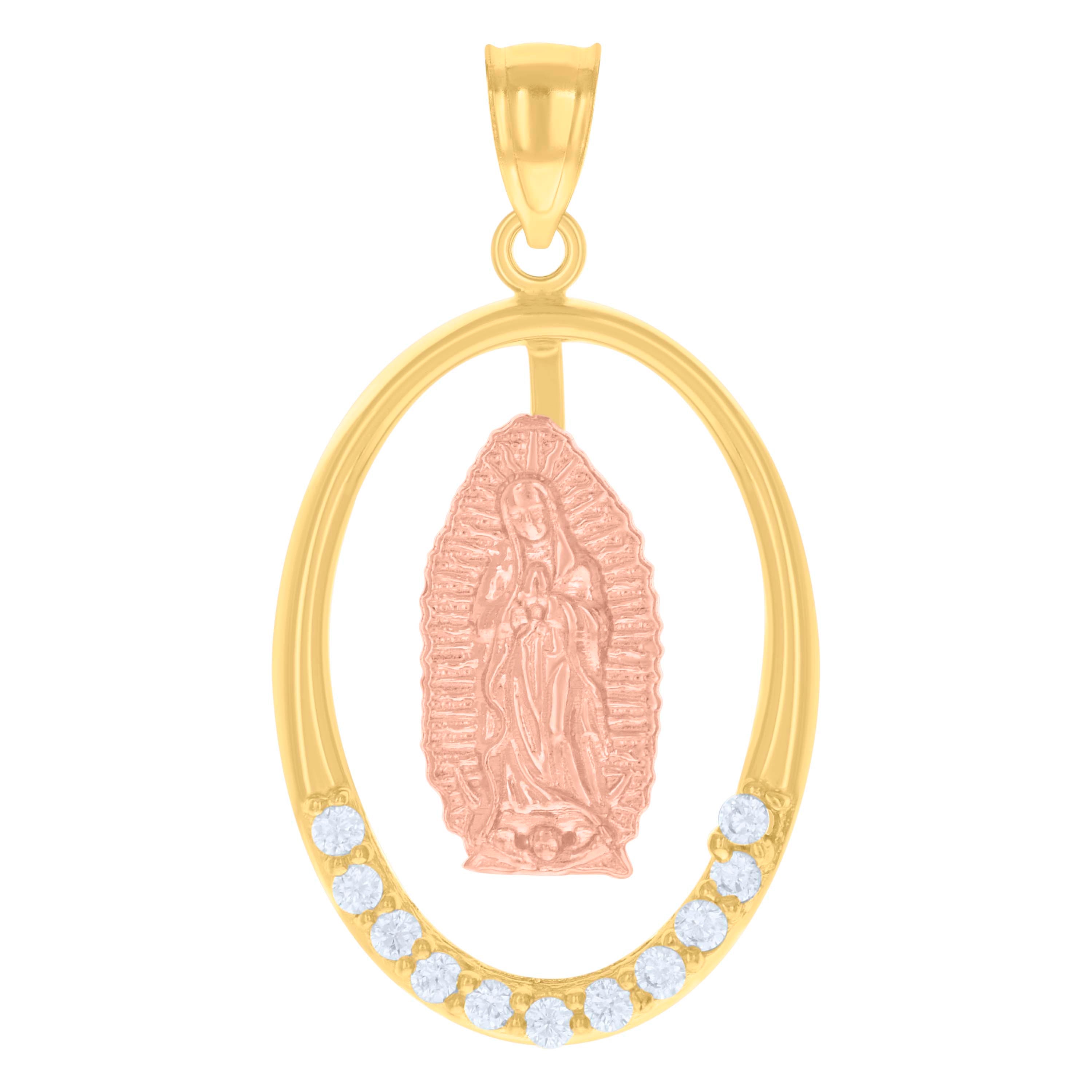 14Kt Gold Unisex Tri-Color Cz Guadalupe Mary Oval Religious Ht:31.7Mm Pendant Charm