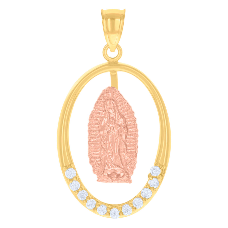 14Kt Gold Unisex Tri-Color Cz Guadalupe Mary Oval Religious Ht:31.7Mm Pendant Charm